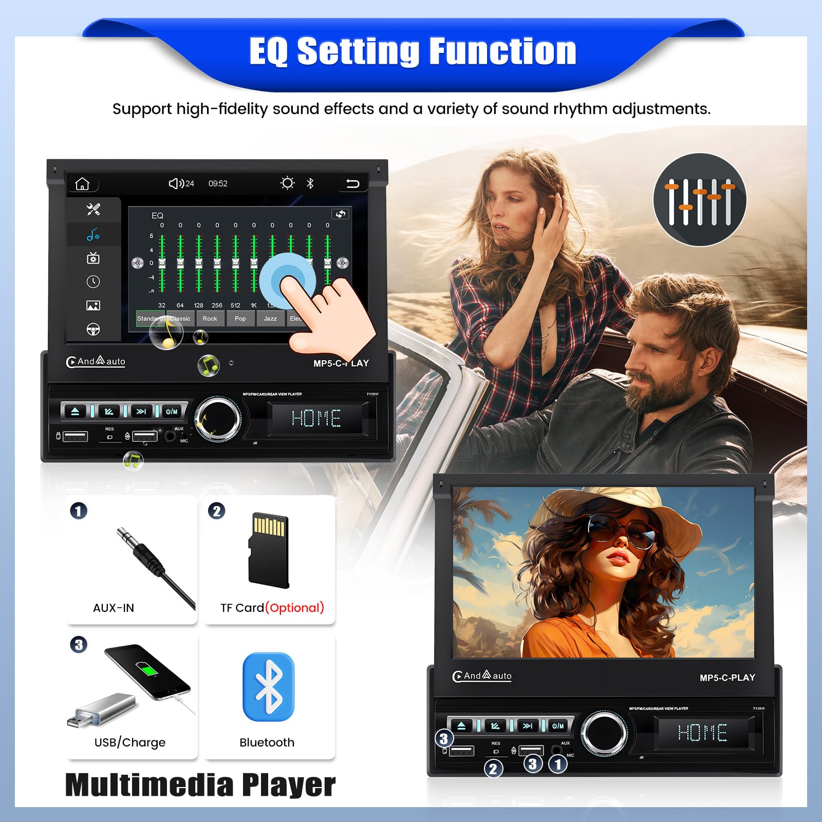 CAMECHO Autoradio 1 Din avec sans Fil Carplay & Android Auto, Ecran Motorisé Extensible Rétractable de 7 Pouces Poste Radio Voiture avec Mirror Link Bluetooth FM/RDS EQ USB AUX SWC Caméra de recul+MIC