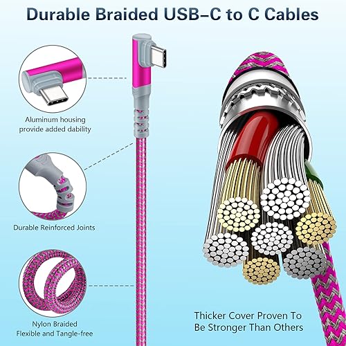 Miniatura 5 de Paquete de 5 cables USB C a USB C de 10 pies en ángulo recto USB C extra largo 60 W3 A tipo C a tipo C cable de carga rápida compatible con Samsung