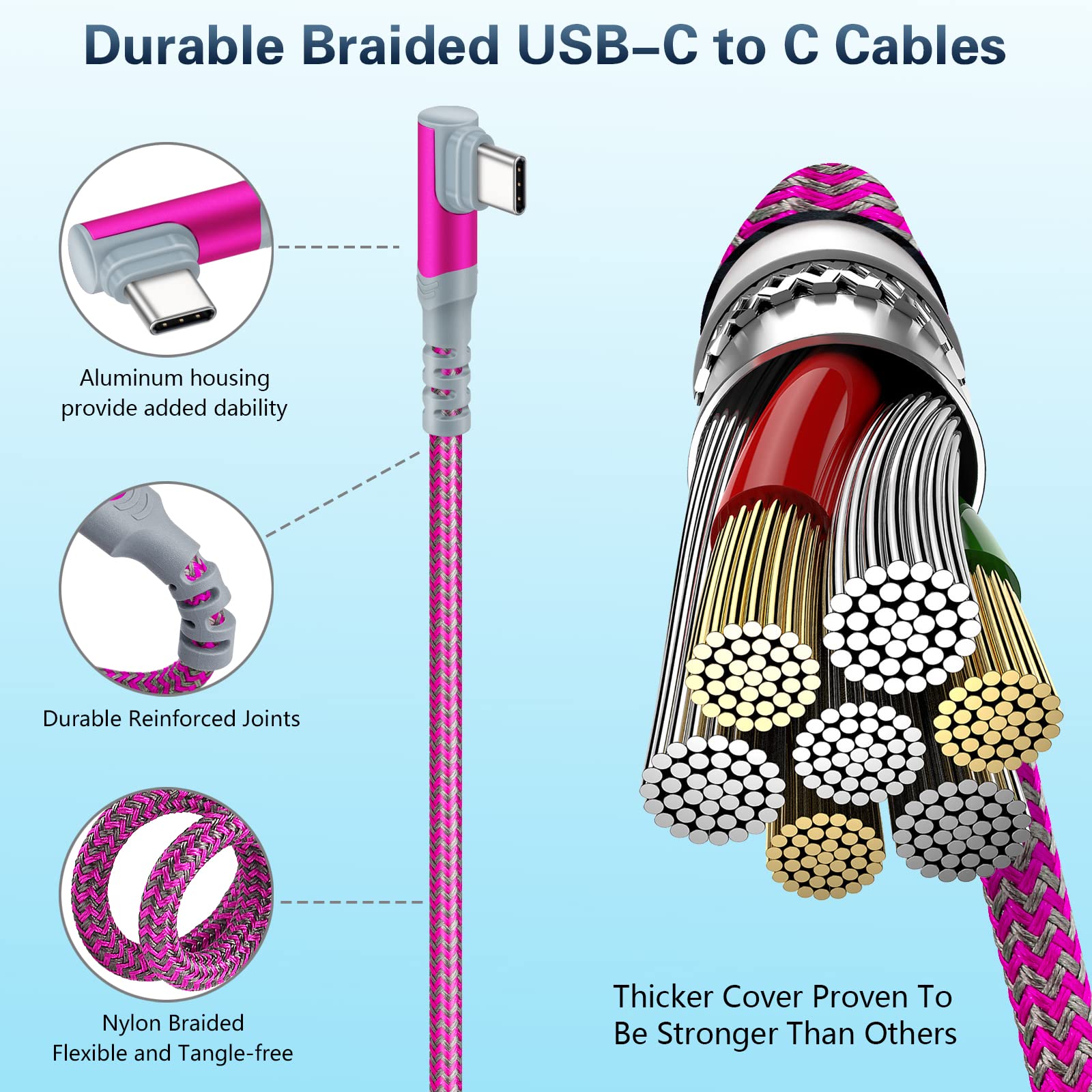 Confezione da 5: cavo da USB C a USB C, 3 m, extra lungo, ad angolo retto, 60 W/3 A, da tipo C a tipo C, cavo di ricarica veloce compatibile con Samsung S22 Ultra, Google Pixel 6, iPad Pro 12.9 Air