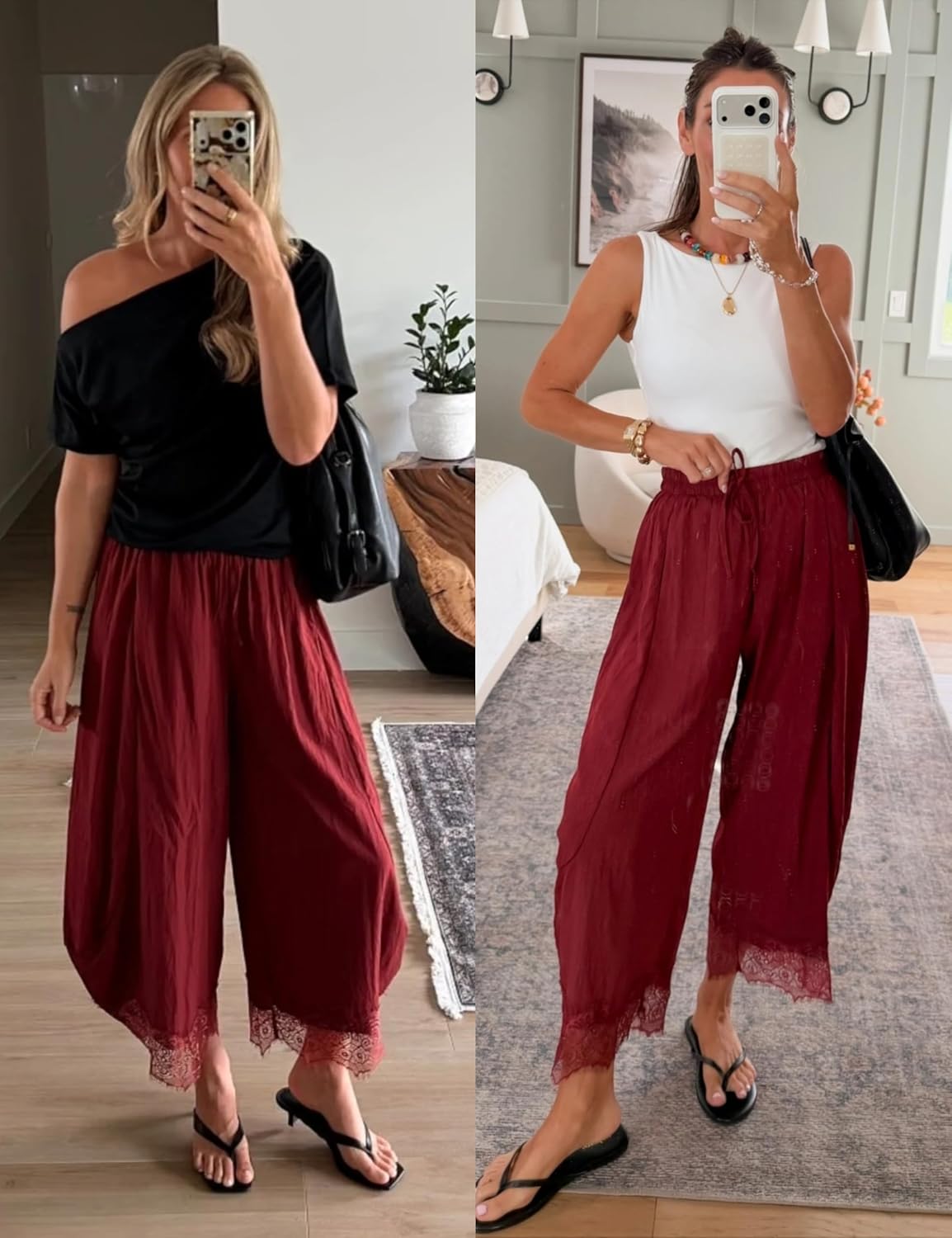 Women's Cropped Lace Hem Pants High Waist Drawstring Wide Leg Pants thumbnail