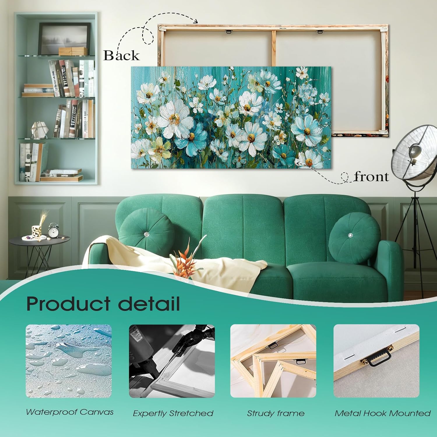 BQVCT White Daisy Floral Wall Art 20x40 Inch Large Gallery Wrapped Canvas Print Turquoise Blue Botanical Painting on Textured Background Ready to Hang for Living Room Bedroom Office Decor