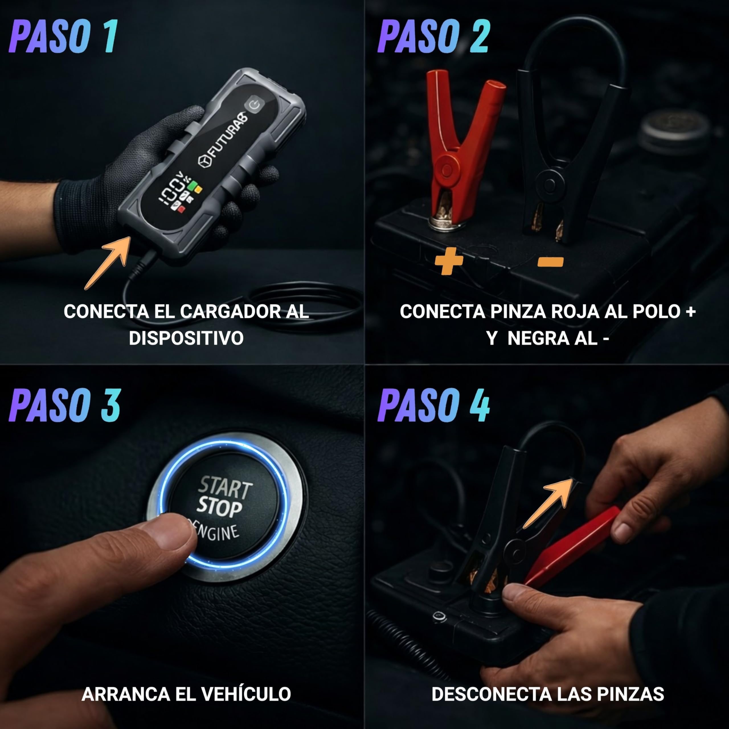 Arrancador de Baterias de Coche 4000A, Jump Starter 12V 24000mAh, Todo Gasolina y Diésel 8L, Coche y Moto, Power Bank USB-C, Linterna LED SOS, Pinzas Antichispas, Cargador y Funda Incluidos