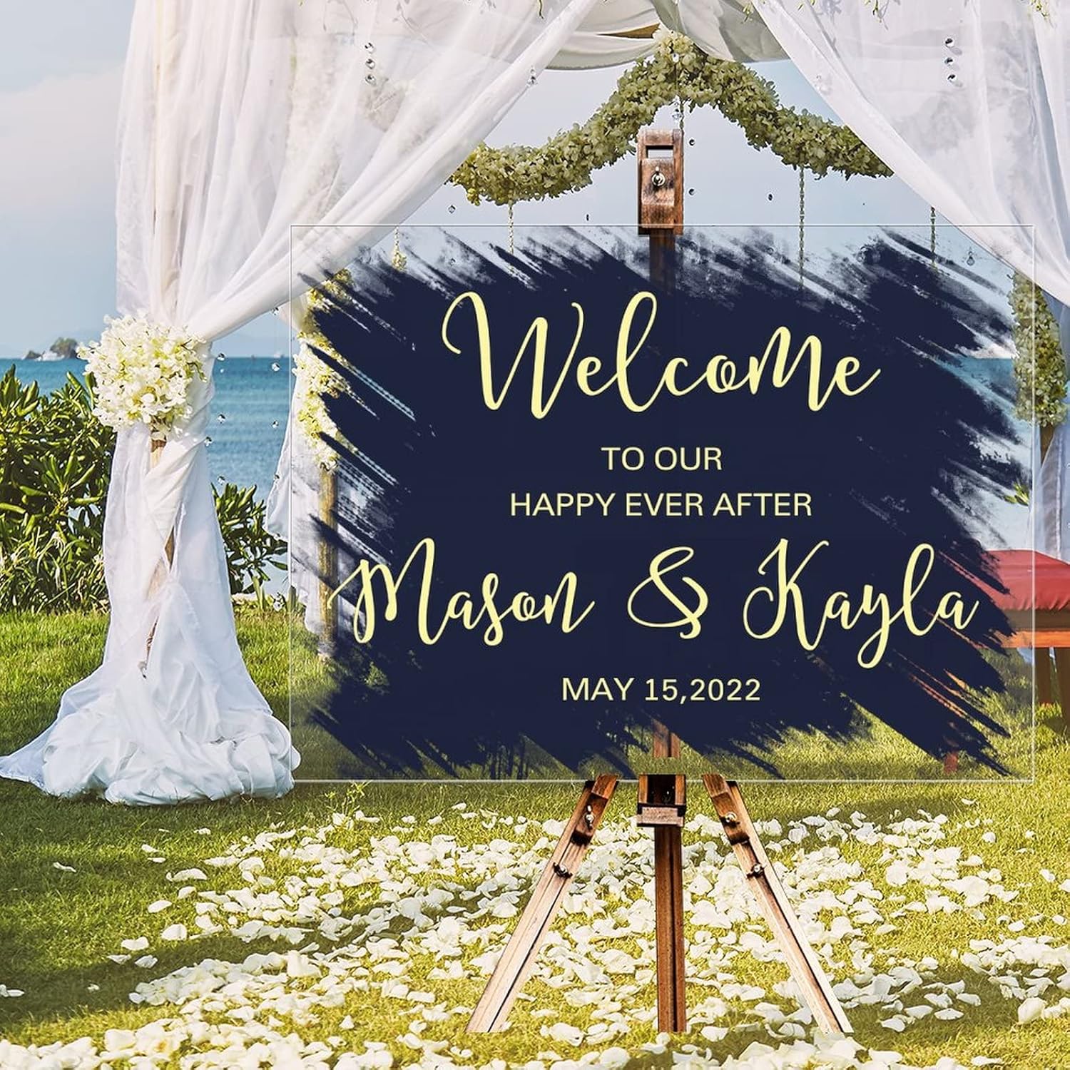 and So Adventure Begins Personalized Wedding Welcome Signs Navy Blue Back Paint Gold Art Font Wedding Reception Sign Romance Acrylic Welcome Wedding Poster Entrance Decor Sign 18x24in