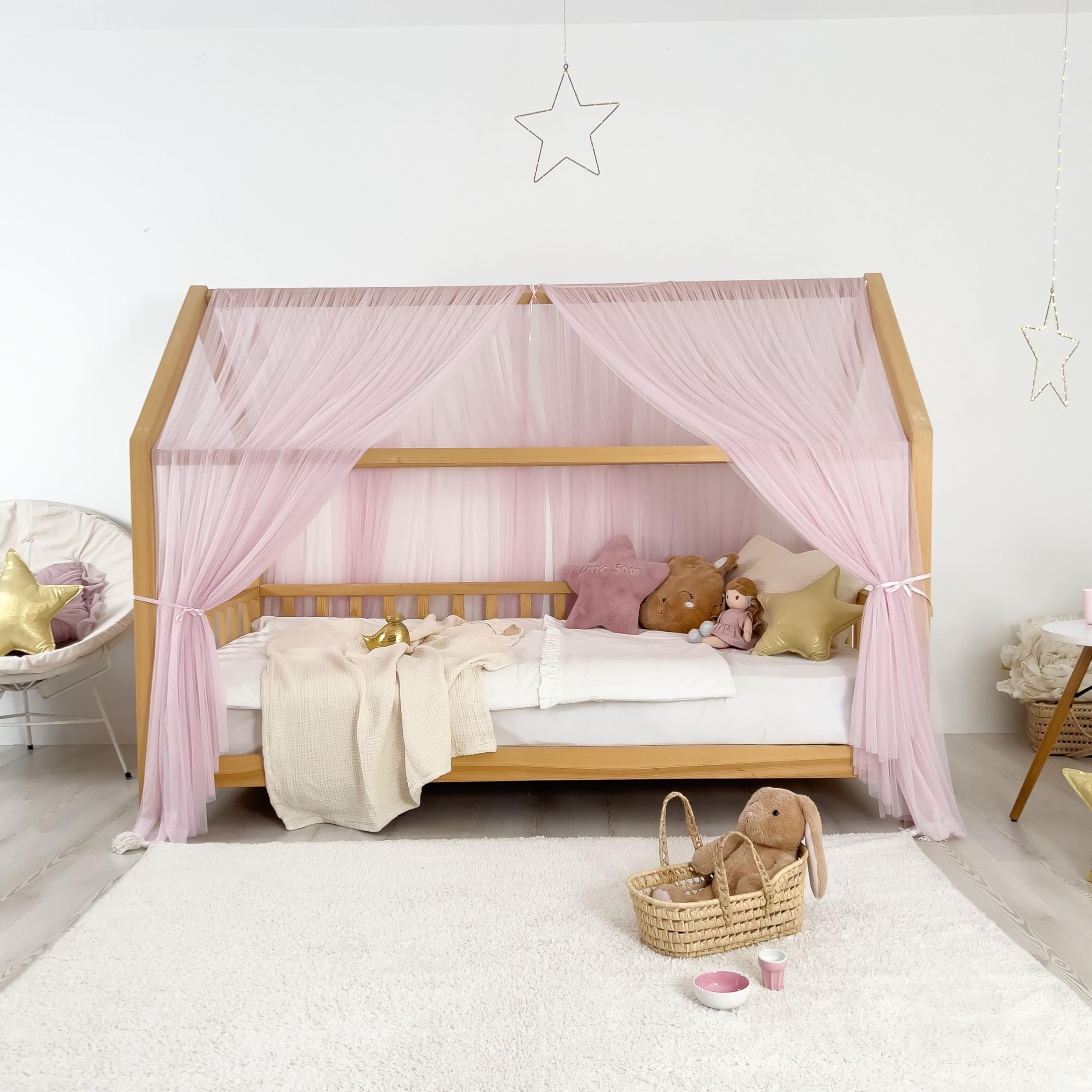 Tenda a baldacchino per letto della cameretta dei bambini, decorazione per letto montessori, tenda da gioco in morbido tulle per i più piccoli (Baby lilla, 460 cm, set da 3)