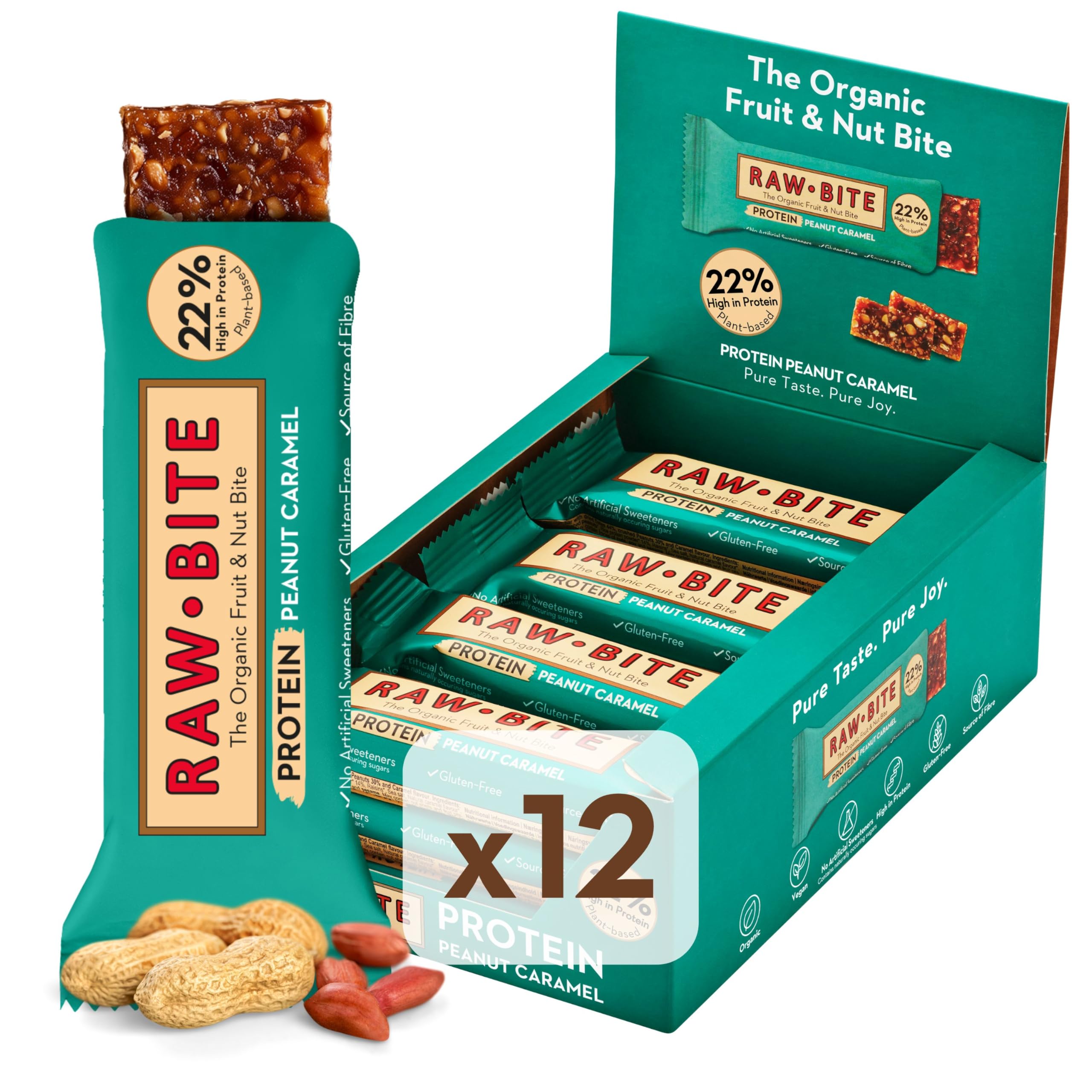 RAWBITE PROTEIN Riegel mit 22g Eiweiß I 12 Bio Proteinriegel in der Box I Reisprotein, Datteln, Erdnüsse, Salz & Karamelaroma I Vegan, glutenfrei, laktosefrei I enthält von Natur aus Zucker I 12 x 45g