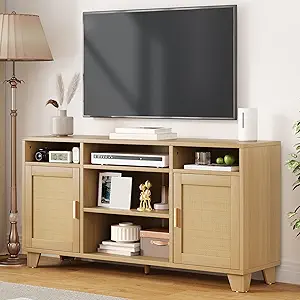 DWVO Rattan TV Stand for TVs up to 65 Inch, Entertainment Center with Rattan Door, Boho Media Console with Adjustable Shelf, 1 Solid Wood Feet, TV Stands for Living Room