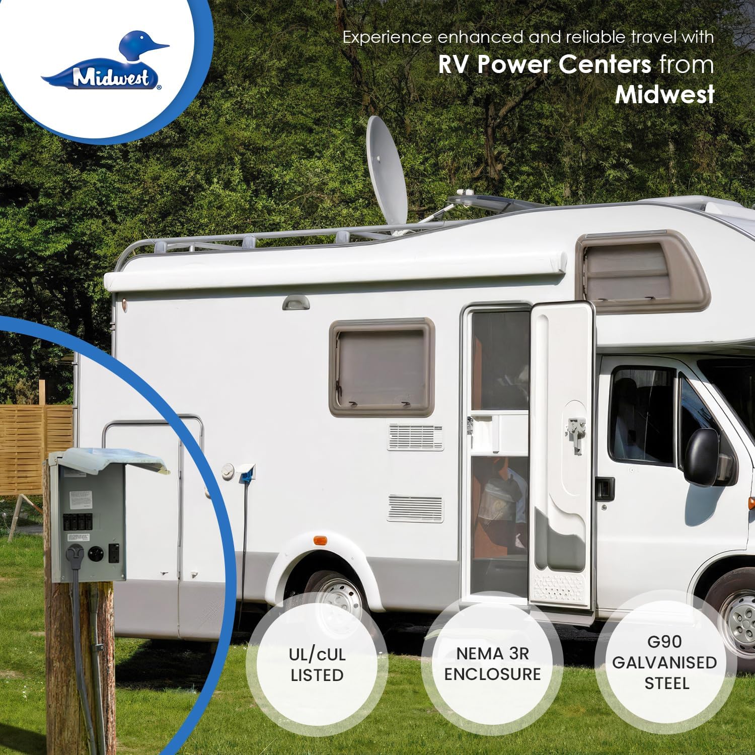 MIDWEST U075CTL010 • Weatherproof RV Power Centre • 100A Twin Lugs • Unmetered N3R Power Supply • Surface Mounted • 10kAIC • 50A/30A/20A breakers with 14-50RWR • TT-30RWR • 5-20R2GFCIWR Receptacles