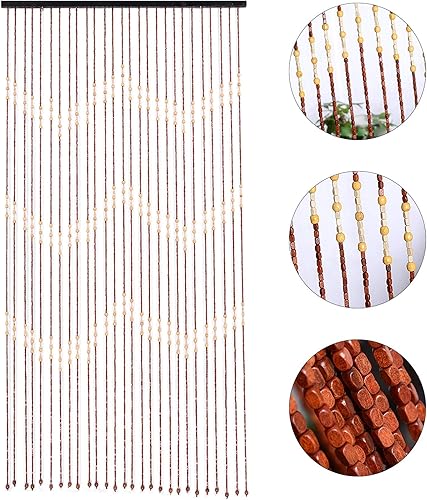 Miniatura 3 de Eapmic Cortina de cuentas de madera y bambú, cortina de 27 líneas onduladas densas con flecos y borlas para puerta, cuentas de madera hechas a mano,