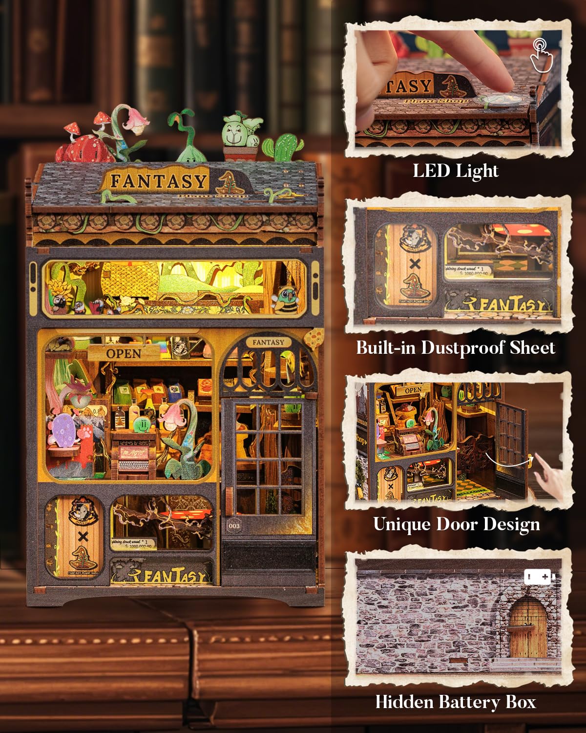 CUTEBEE Book Nook Kit - DIY Miniature House Kit for Beginners, Adults and Teens, Booknook Dollhouse Tiny House Bookshelf Decor 3D Wooden Puzzle Gifts for Family and Friends (Fantasy Plant Shop) 1
