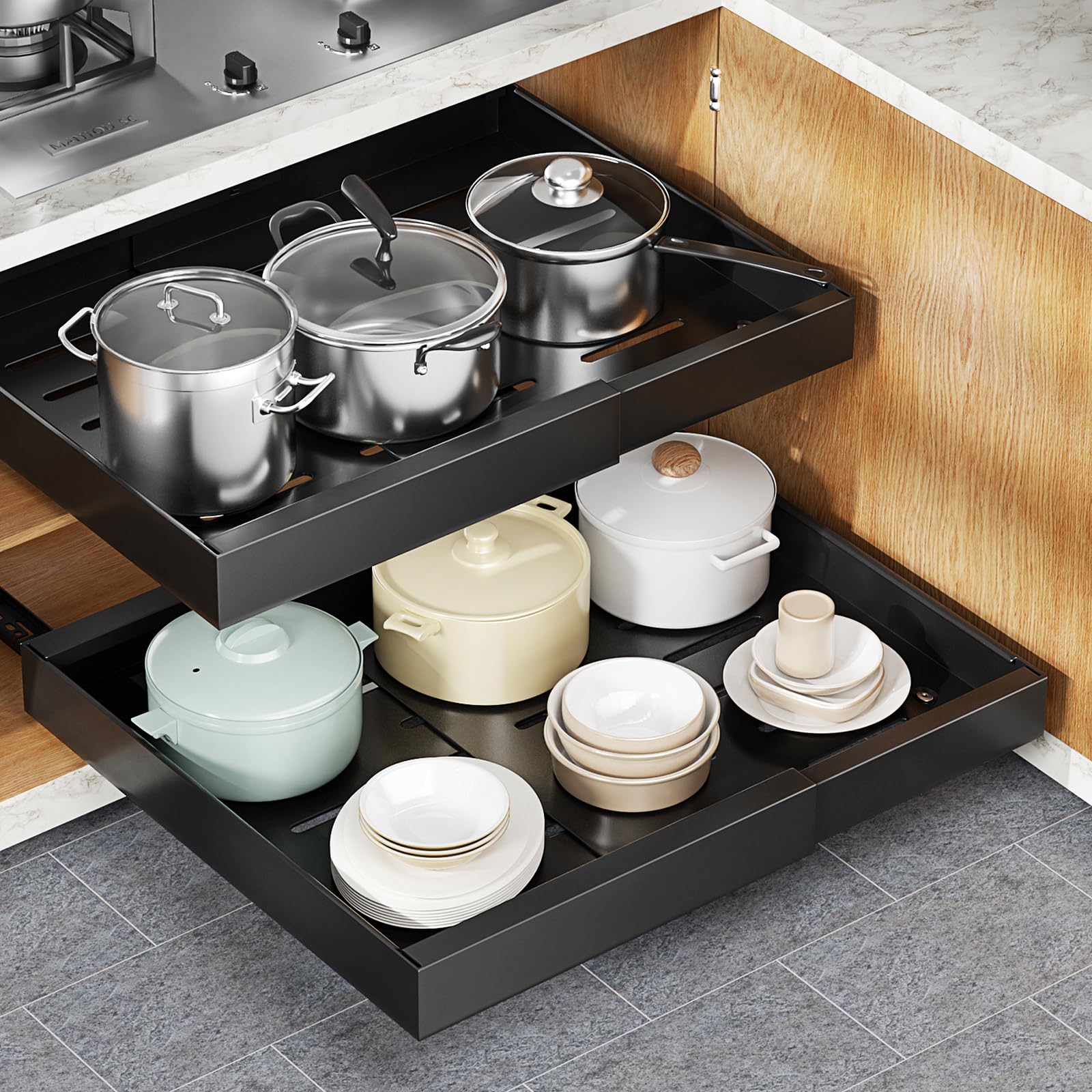 Jayencer Teleskopschublade, Aufklebbare Schublade, Verstellbare Breite Ausziehbarer Schrank Organizer(31-52cm L x 42 cm T x 6 cm H), Schubladen für Küchenschrank Schrank (Schwarz-2 Stück)