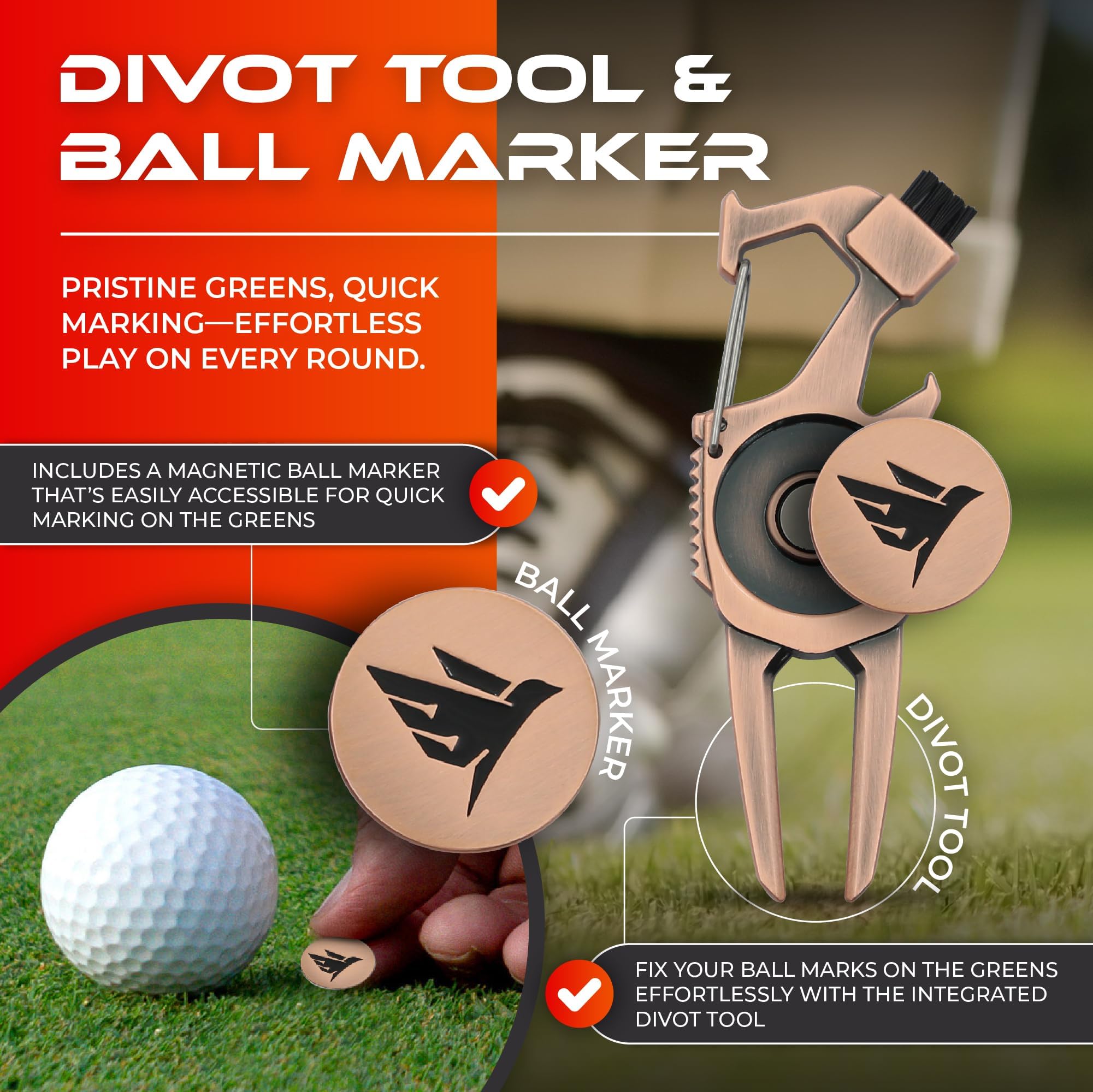 SWIFTEE Herramienta de reparación de marcas de campo de golf 7 en 1 – Soporte para palo, cepillo, hebilla de clip, limpiador de ranuras, abridor de botellas, marcador de bola, herramienta de divot