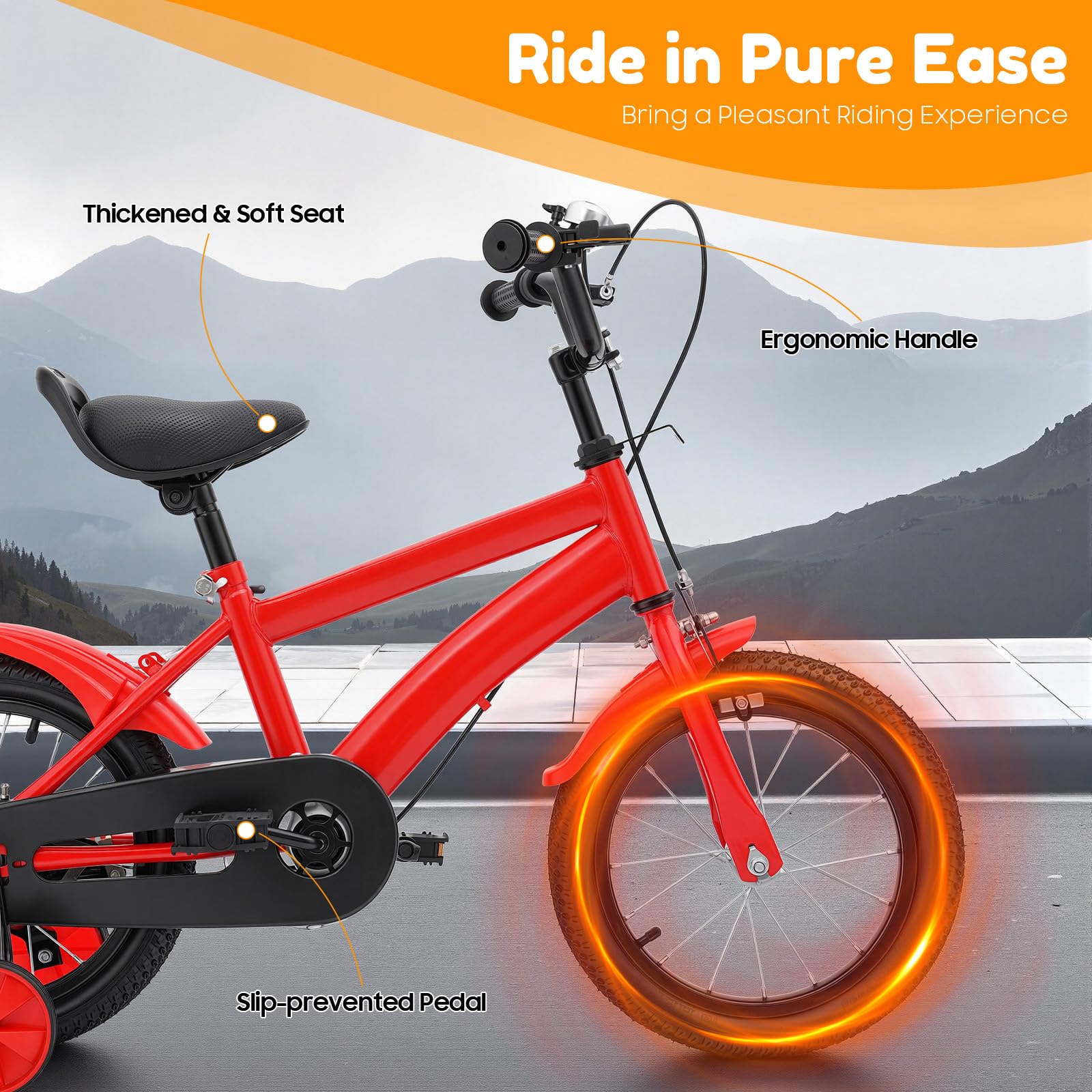 Vélo pour enfant de 14 pouces, avec roues stabilisatrices et double système de freinage, selle réglable, convient aux enfants à partir de 3 ans qui apprennent le cyclisme, le cyclisme en plein