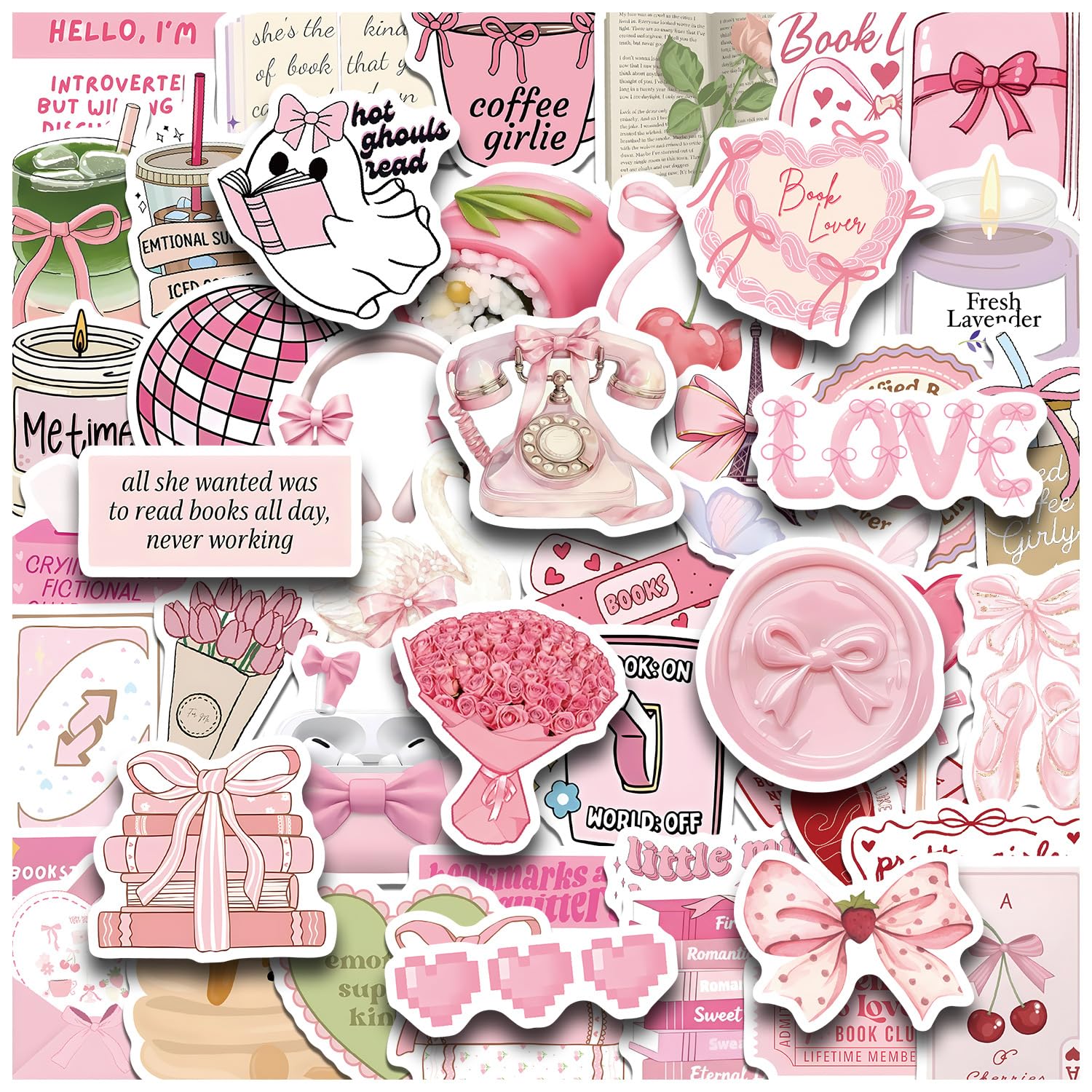 50Pcs Coquette Reading Stickers Book Lover Vinyl Decals for Laptops Skateboards Luggage Helmets Bikes and Phones Readers Fans and Soft Tone Enthusiasts