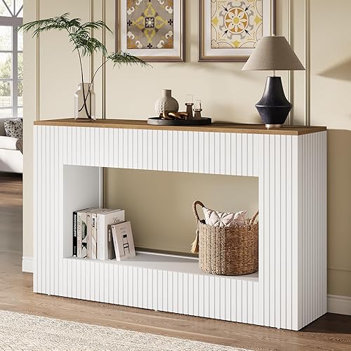 Miniatura 8 de Tribesigns Mesa consola moderna, mesa de entrada de madera de 55 pulgadas con almacenamiento (blanco)