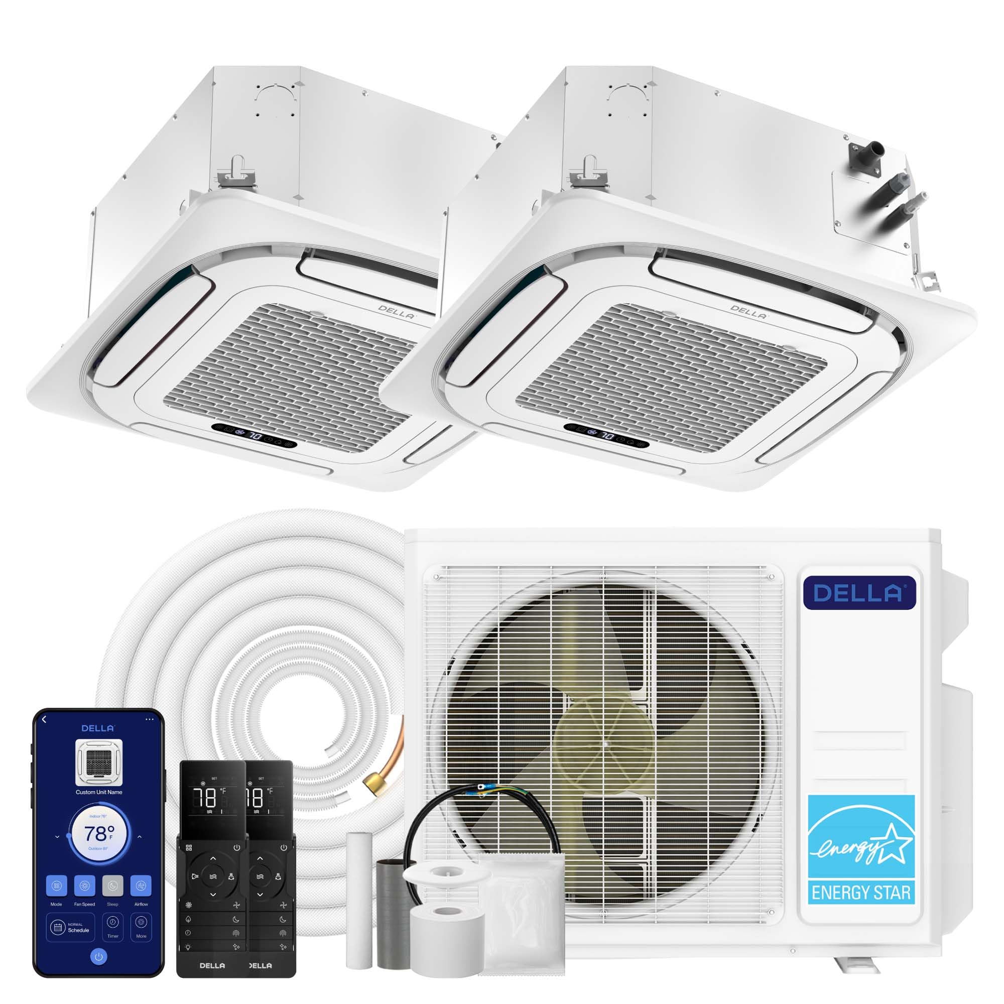 Della DELLA 18,000 BTU 2 Zone (2*12K BTU) Ceiling Cassette Mini Split AC, Ultra Heat -13℉,8-way 360° Airflow, Covers 1100 Sq.Ft, Energy Star, 24 SEER2, 230V, Work with Alexa, Pre-Charged Heat Pump, 25ft Kit