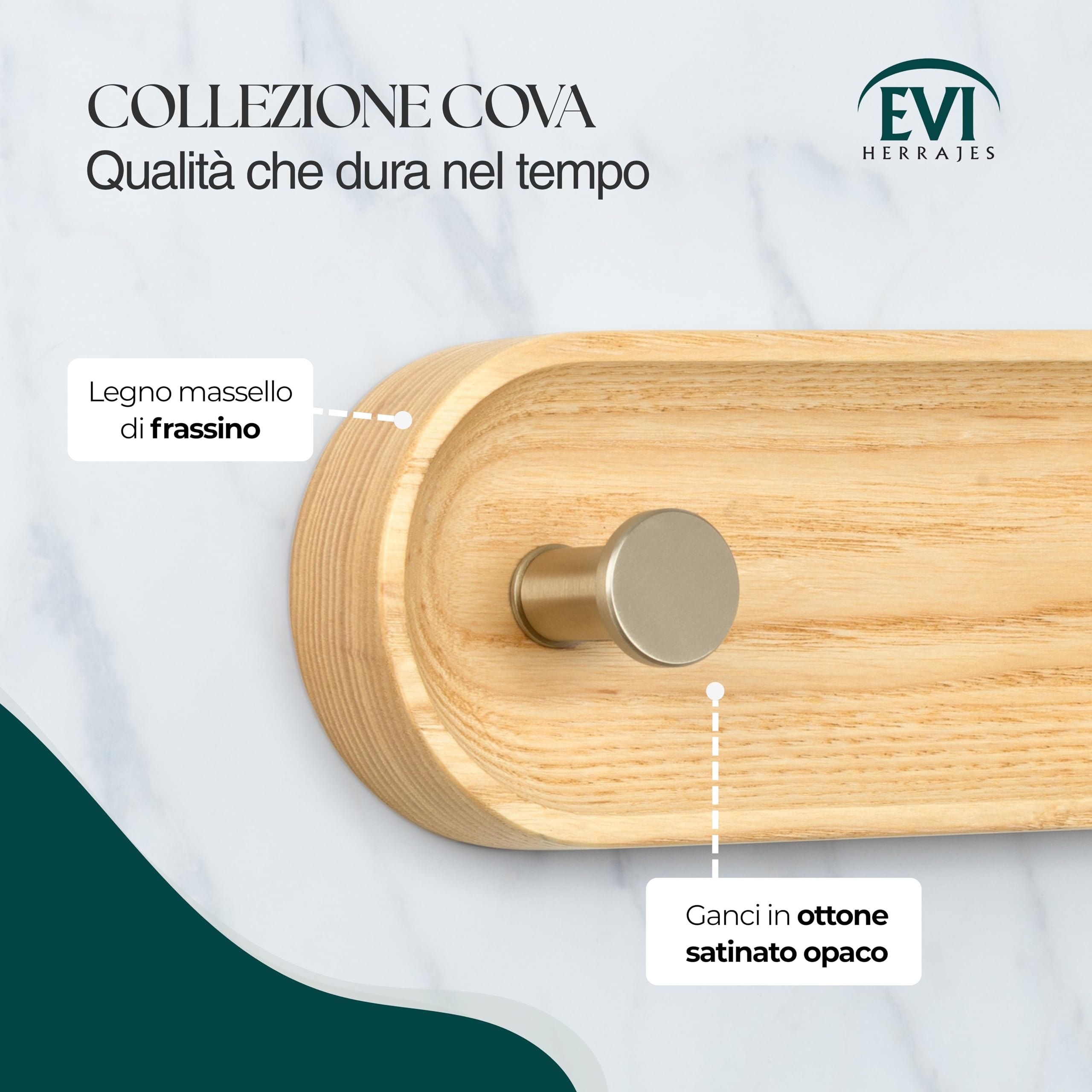 EVI Herrajes | Appendiabiti da parete a 2 ganci | Legno massello di frassino | Ganci in ottone satinato | Kit di montaggio incluso | Mod. Cova 2CFRLMT