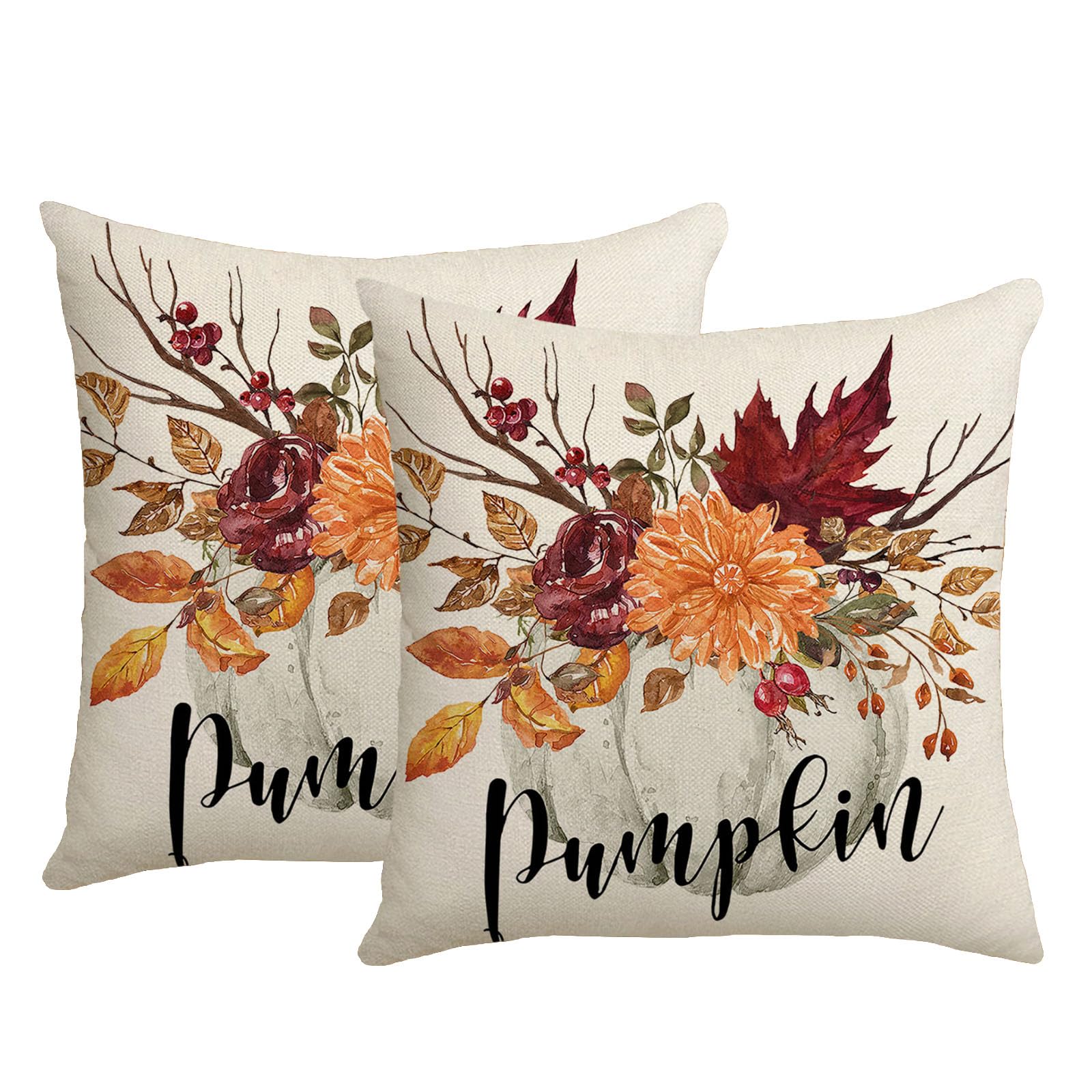 KLUSIET Fall Pillow Covers 18x18 Inch Set of 2, Pumpkin Floral Decorations Throw Pillow Covers, Throw Cushion Cover for Autumn Thanksgiving Farmhouse Sofa Decor(2pcs,F)