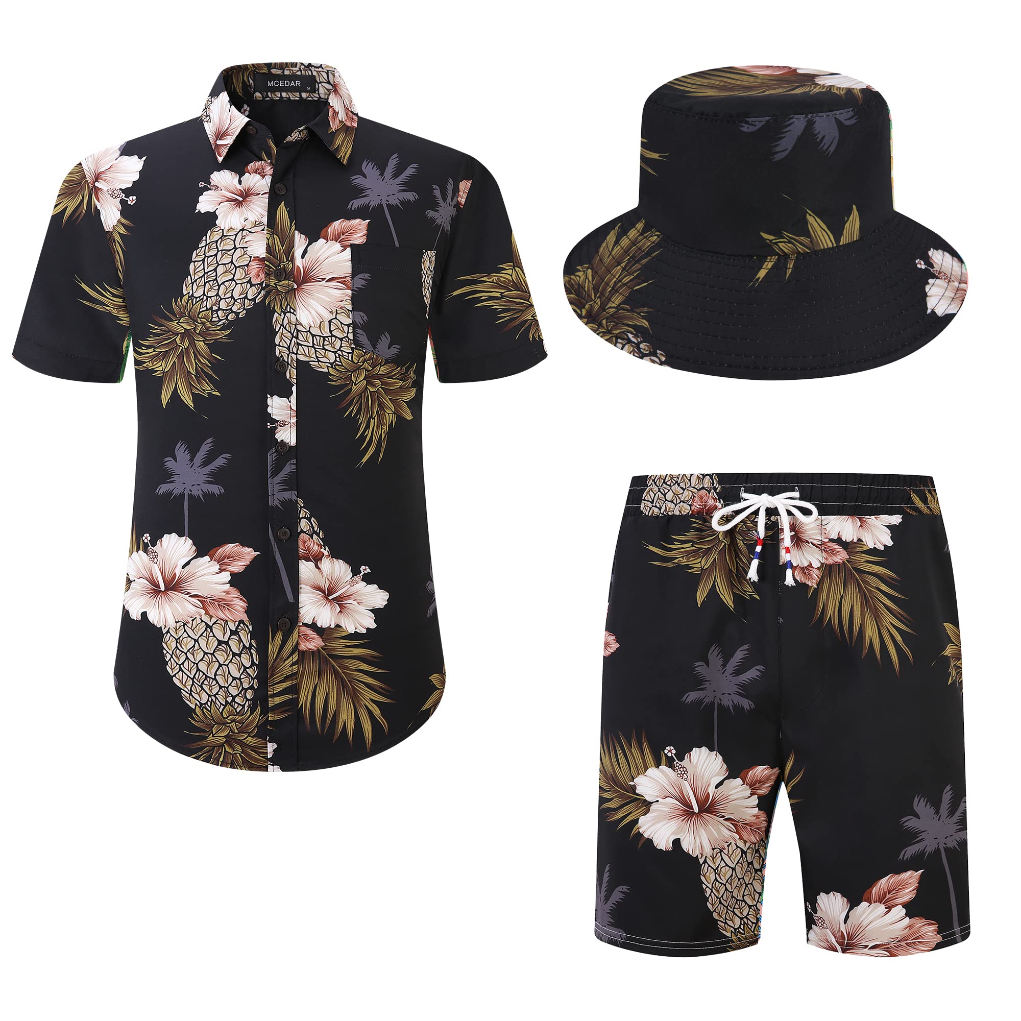 Woerexker Men's Black Pineapple10002 & Boys Hawaiian T-Shirt And Short Set With Bucket Hats 3 Piece Tropical Family Matching Beach Vacation Outfits
