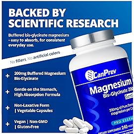 CanPrev Magnesium BisGlycinate Gentle 200mg, 240 v-Caps 240-Day Supply - Pure Elemental Magnesium Supplement, Supports Bone and Muscle Function, Gentle on Stomach, Perfect for Daily Magnesium Needs