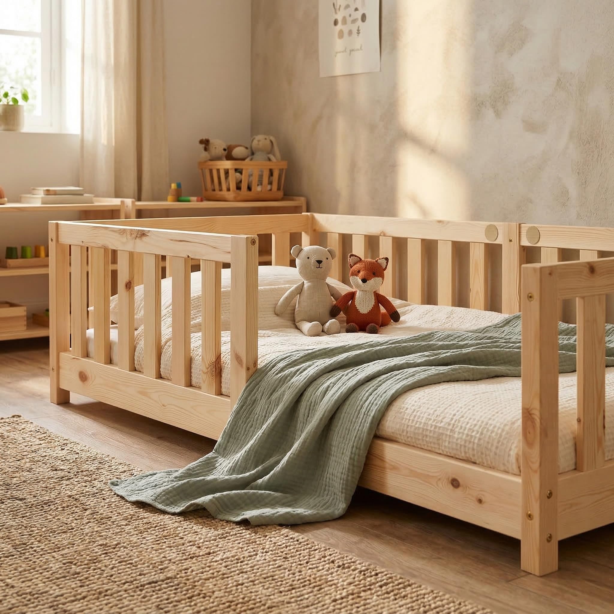 ecoMI Letto per bambini con protezione anticaduta e rete a doghe, letto da pavimento Montessori in legno di pino massiccio, letto singolo, naturale, 80 x 160 cm