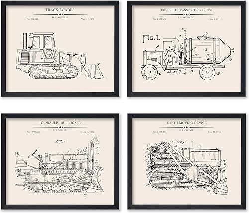 Poster Master Póster de diseño de construcción vintage de 4 piezas, impresión de patente de excavadora, arte de camión de transporte de hormigón,
