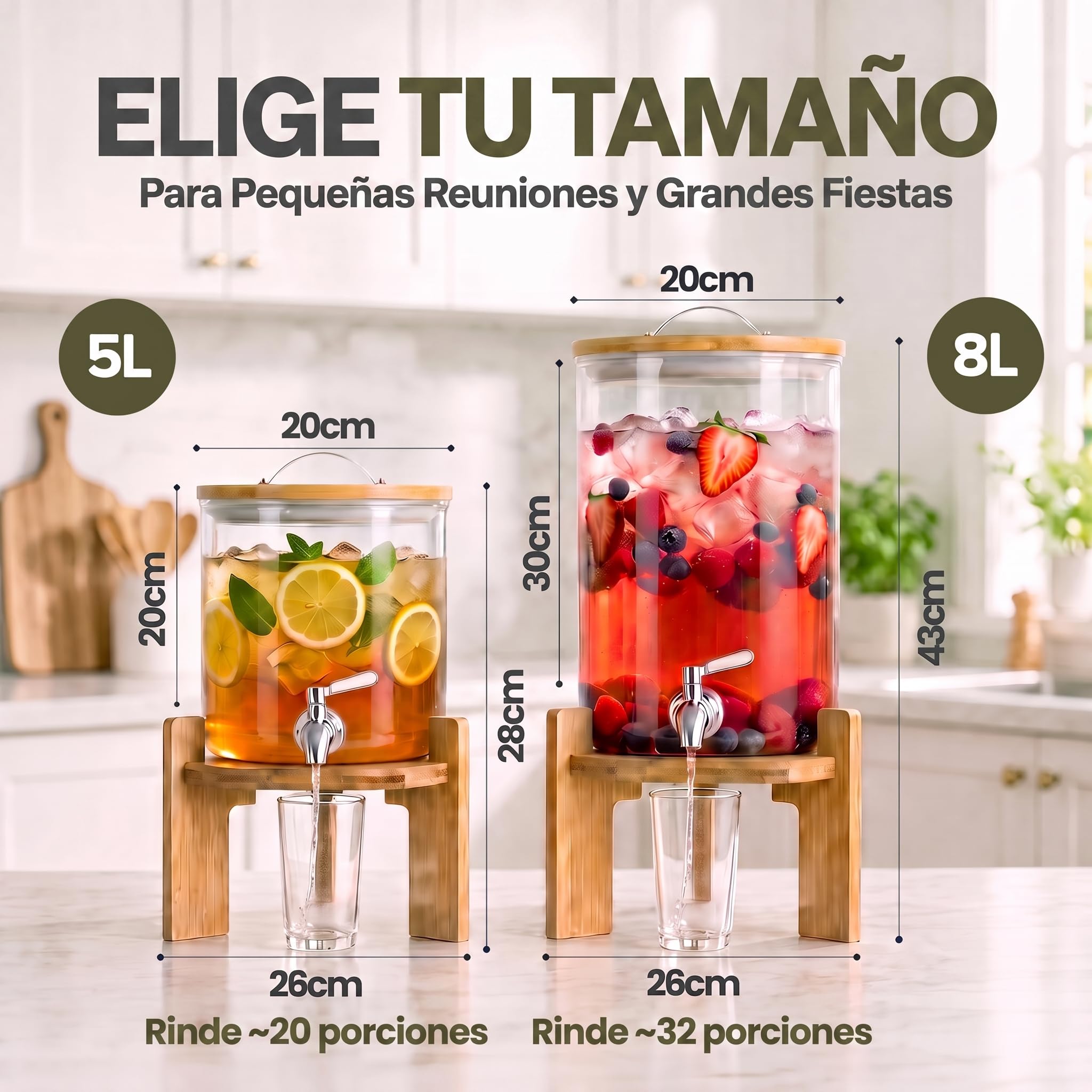 Dispensador de bebidas con grifo antigoteo de acero inoxidable Dispensador de agua de vidrio con soporte y tapa de bambú Dispensador de limonada de vidrio borosilicato resistente al calor (5 litros)