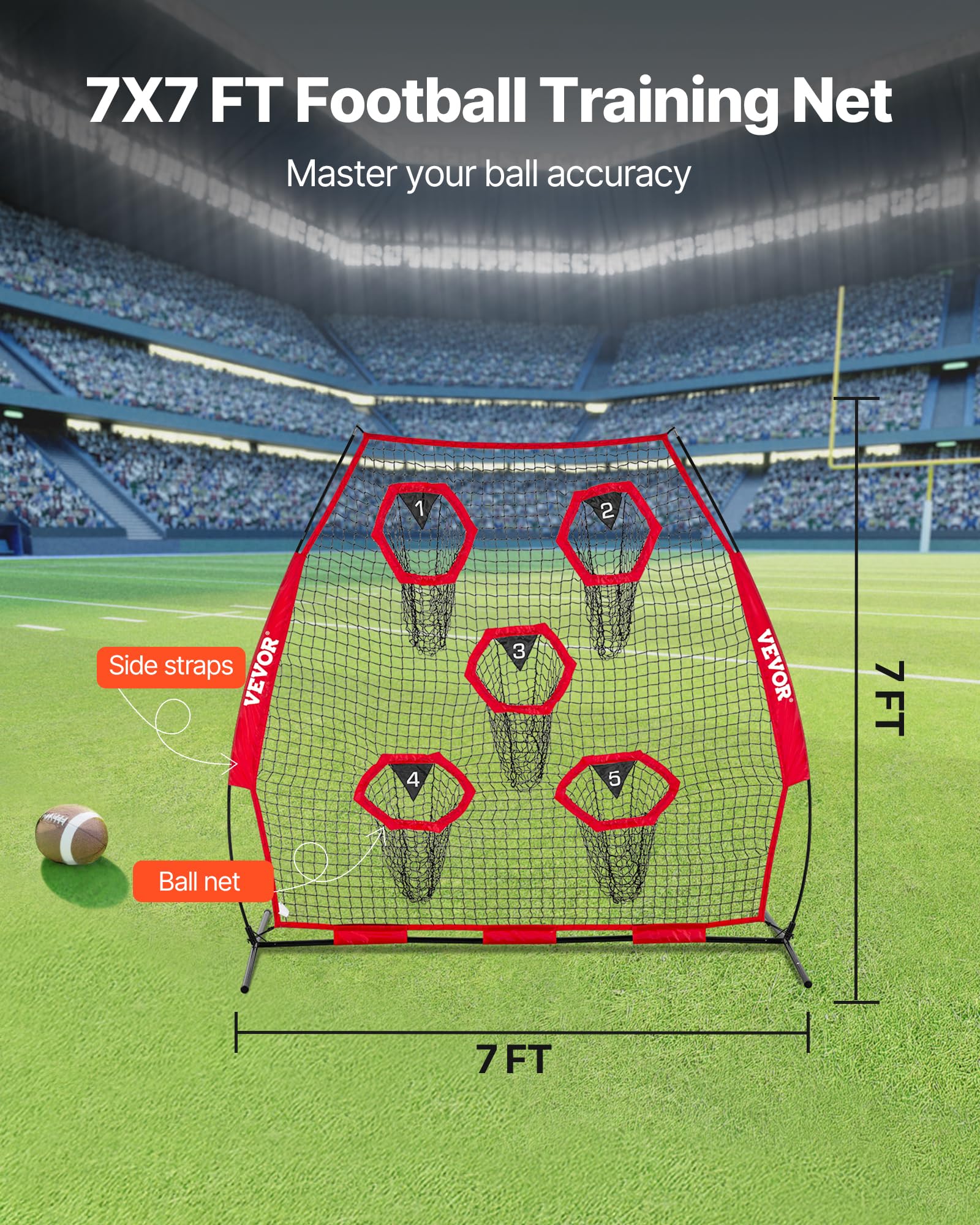 VEVOR Filet de lancement pour entraîneur de football de 2,1 x 2,1 m, filet d'entraînement avec 5 poches pour cible, filet sans nœuds avec sangles et étui de transport portable, améliore la précision