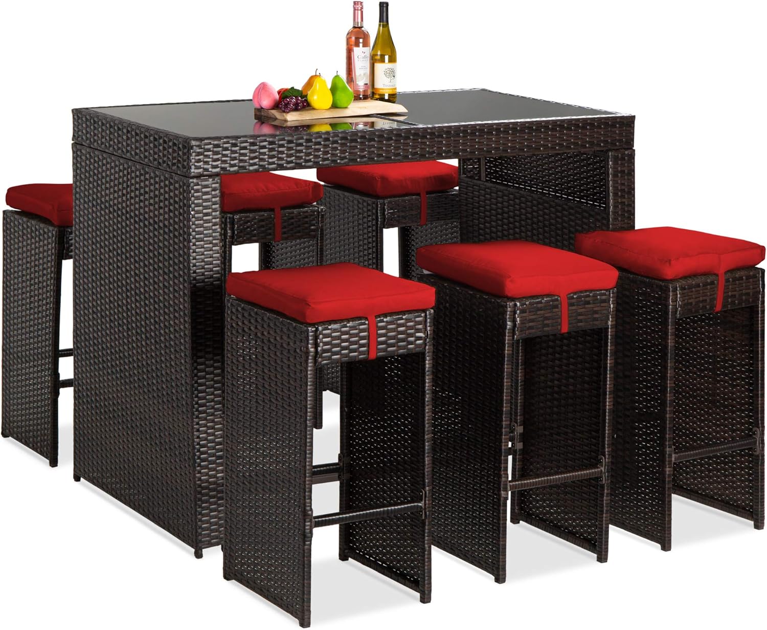 Best Choice Products 7-Piece Outdoor Wicker Bar Dining Set, Rattan Patio Furniture for Backyard, Garden w/Glass Table Top, 6 Stools, Removable Cushions - Brown/Red