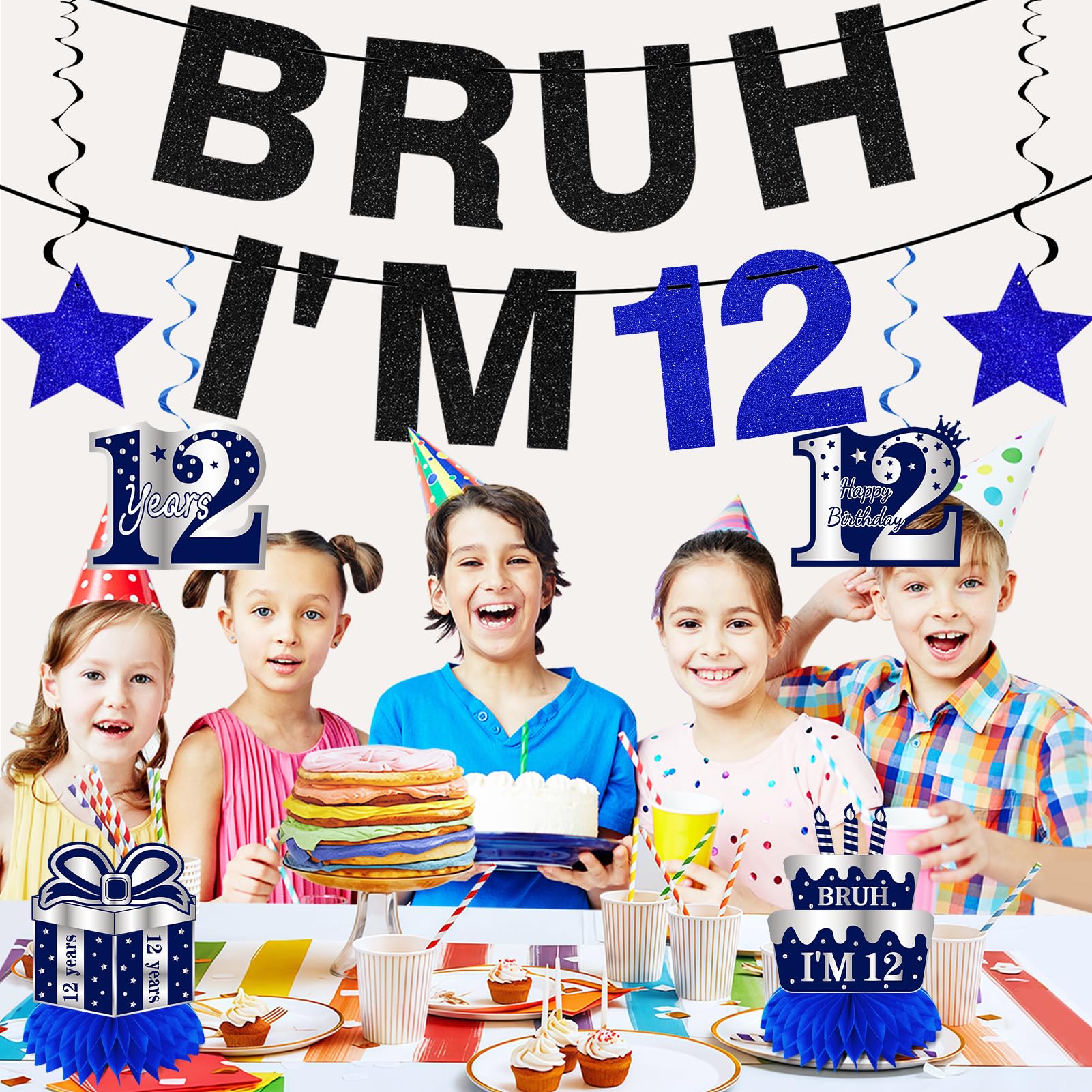 Kuxriox 11 szt. dekoracje na 12. urodziny dla chłopców mężczyzn, niebieski srebrny baner Happy 12th Birthday, Bruh I'm 12 balonów, artykuły imprezowe, baner na dwanaście urodzin, tabliczka na stół