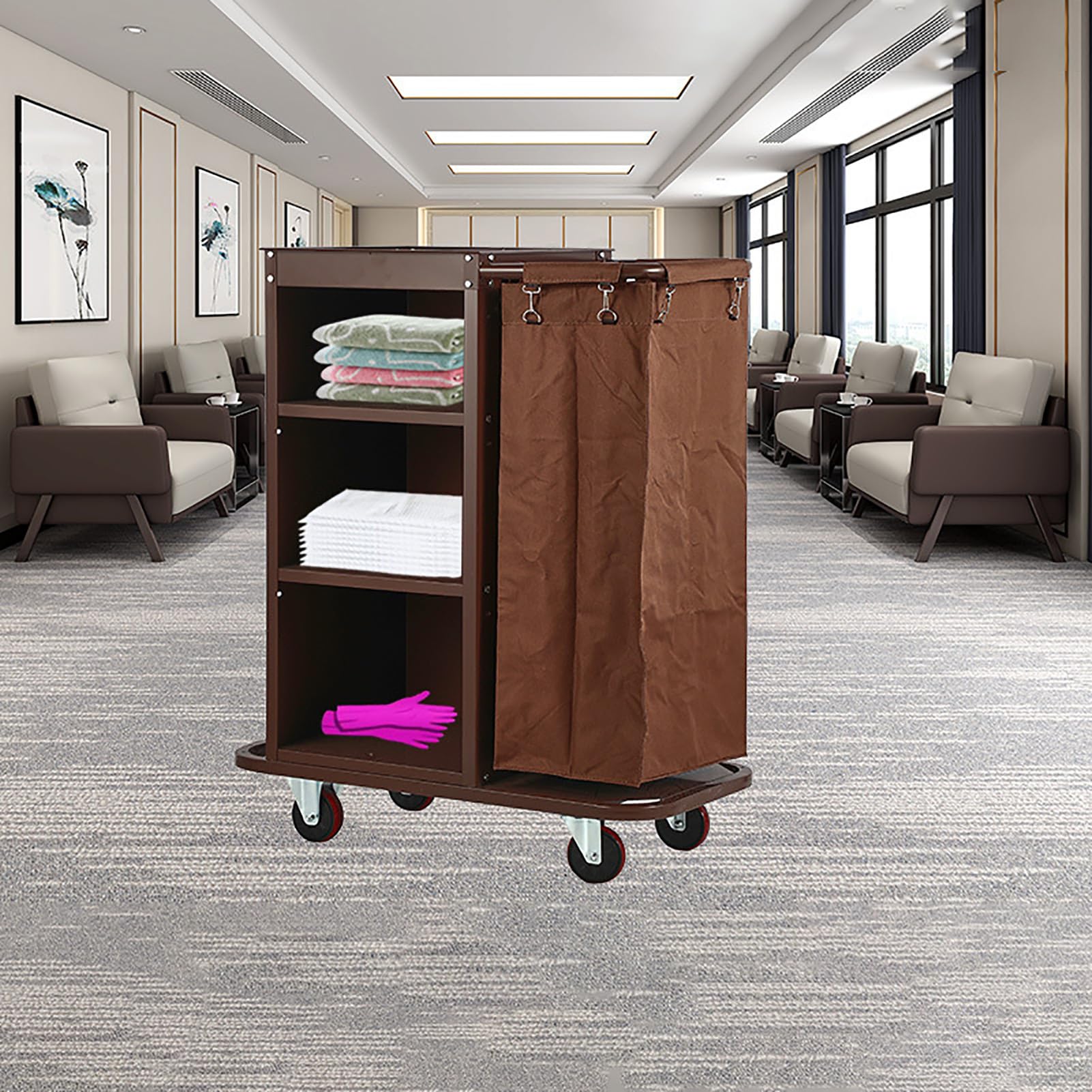 Carrello per Pulizie Commerciale Tradizionale a 3 Ripiani con Ruote e Sacco, Ideale per aziende/scuole/uffici/Servizi di Pulizia, Colore Marrone.
