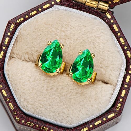 Miniatura 4 de YUNKAI Sterling Silver Emerald Earrings for Women,May Birthstone Classic OvalRoundPrincessPear Cut Synthetic Emerald Stud Earrings Hypoallergenic