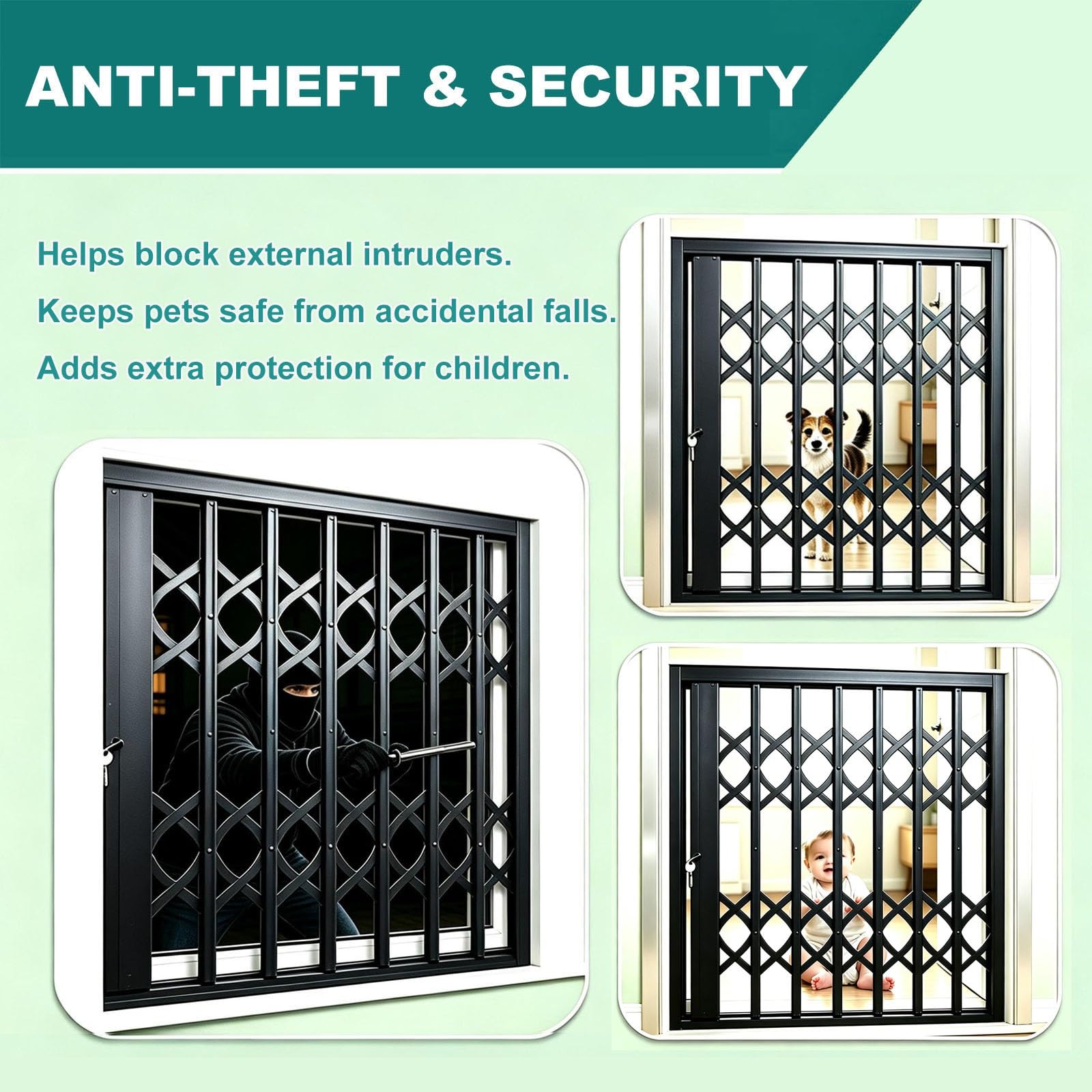 Grata di Sicurezza Retrattile su Misura per finestre | Protezione pieghevole espandibile, recinzione a barre antifurto in lega di alluminio(W140xH150cm/55x59in)