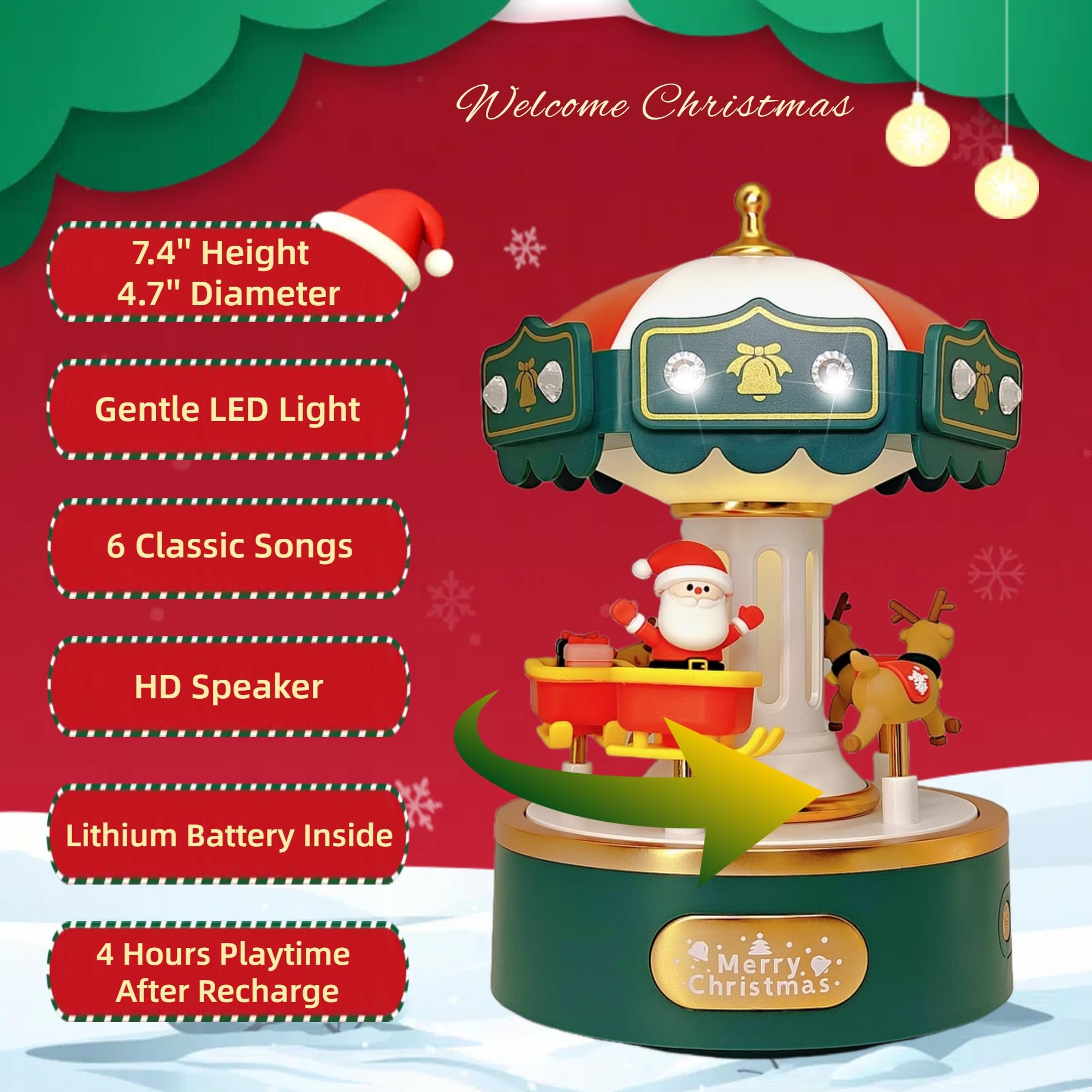 Carrusel de caja de música eléctrica con gemas brillantes, decoración encantadora y regalo sincero para cumpleaños, aniversario, Navidad, día de San Valentín y día de la madre (verde
