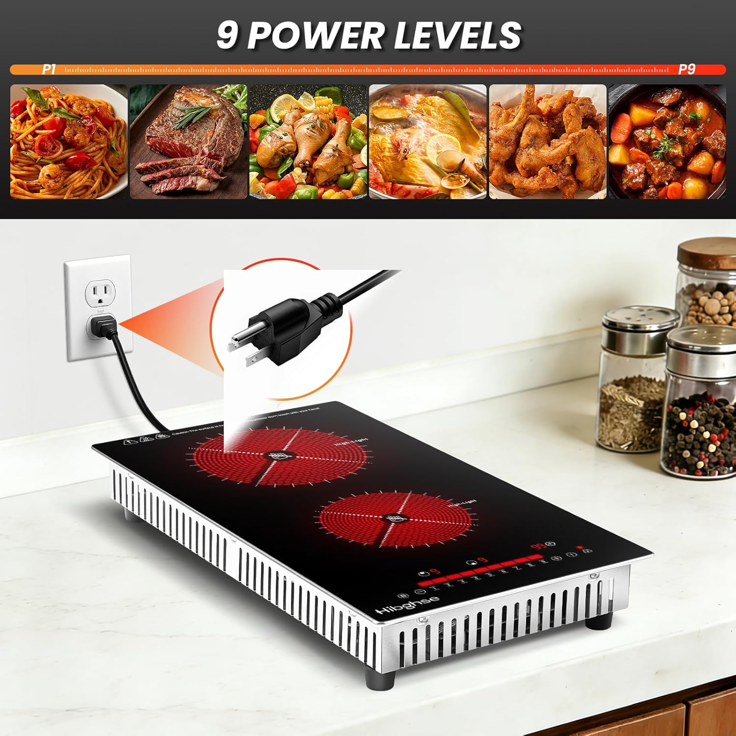 2 Burner Electric Cooktop 110-120V, 12 Inch Plug in Ceramic Cooktop Countertop & Built-in Electric Stove Top with Child Safety Lock, Timer, 9 Power Levels, 2000W - Image 4