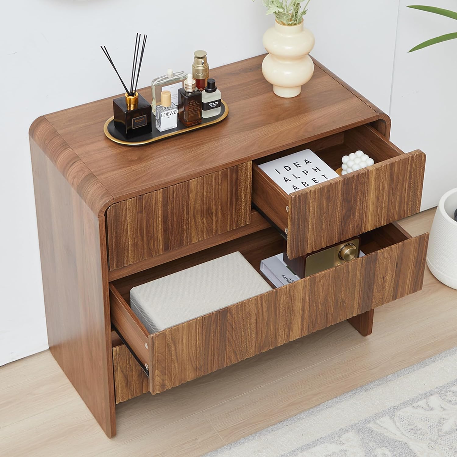 Fluted 3 Drawer Dresser for Bedroom,Mid Century Modern Wide Chest of Drawer,Curved Edge Wood Closet Dresser Nightstand for Bedroom Living Room Hallways (Walnut, Wide 3 Drawer)