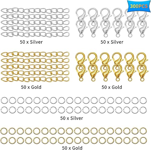 Miniatura 2 de 100 cierres de pinza de langosta y 100 cadenas extensoras con 100 anillos de salto abiertos, anillos de extensión extraíbles para collares,