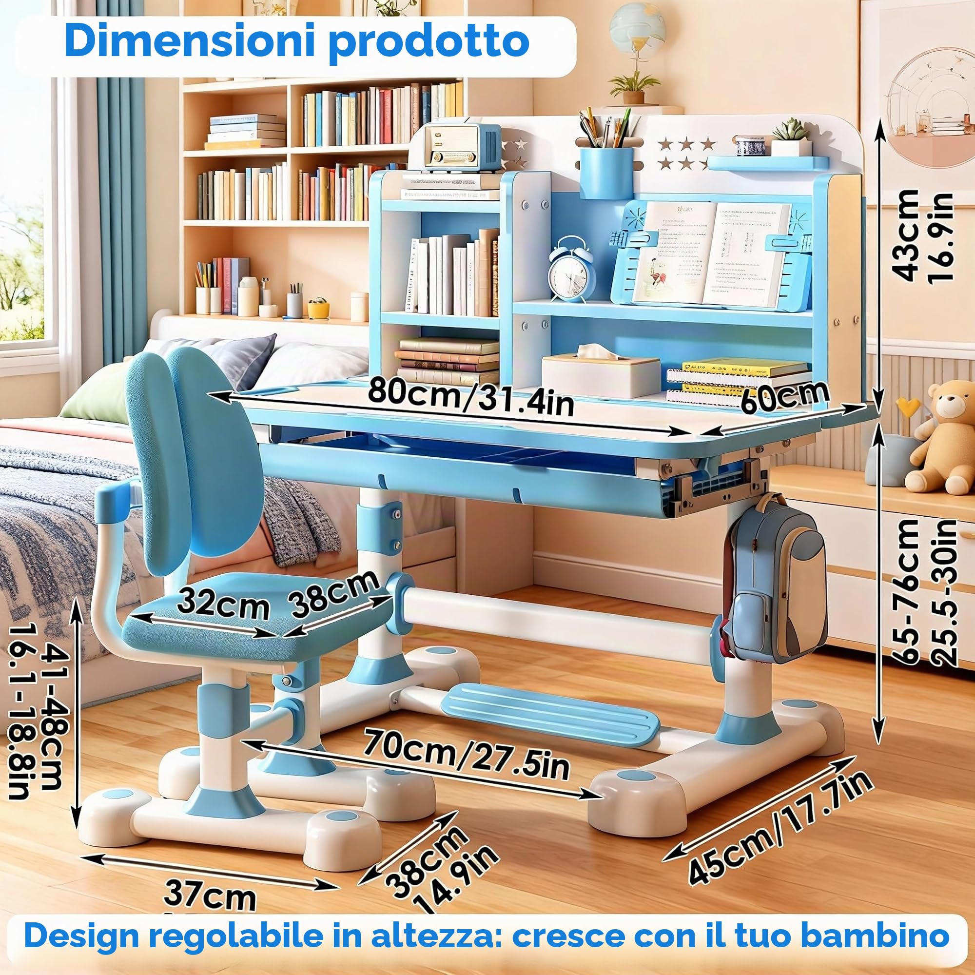 Set di scrivania e sedia regolabili per bambini, set con tavolo e sedia per bambini con divisori e cassetti, scrivania per casa e scuola con sedia ergonomica, scrivanie e sedie per bambini per