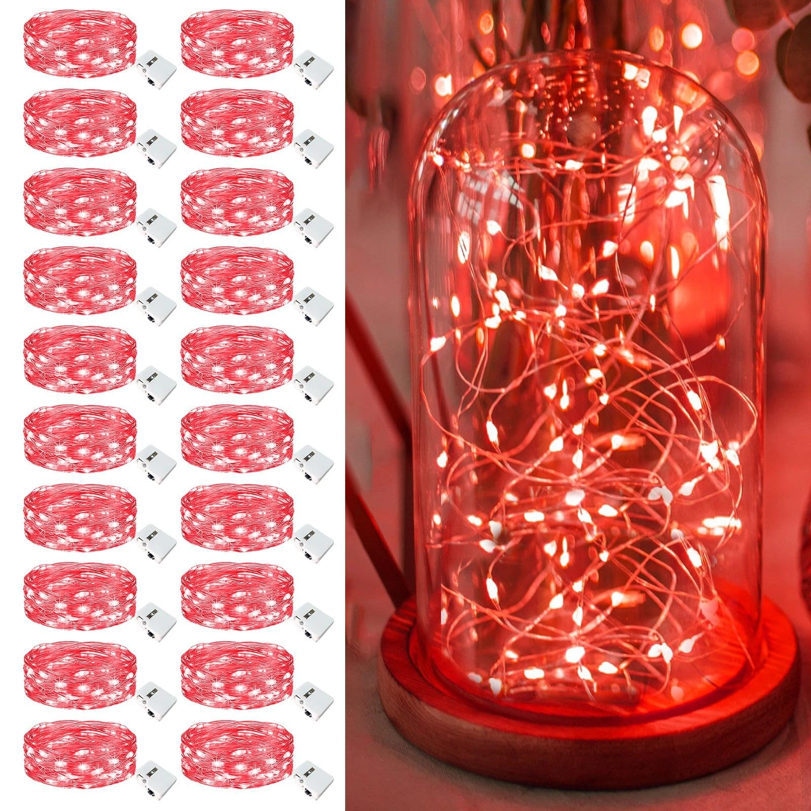 20 Pack Fairy Lights Battery Operated - 7ft 20 Led Twinkle Lights 3 Modes, Bulk Mini String Lights Waterproof for Mason Jars Vases DIY Party Wedding Decoration Christmas - Red