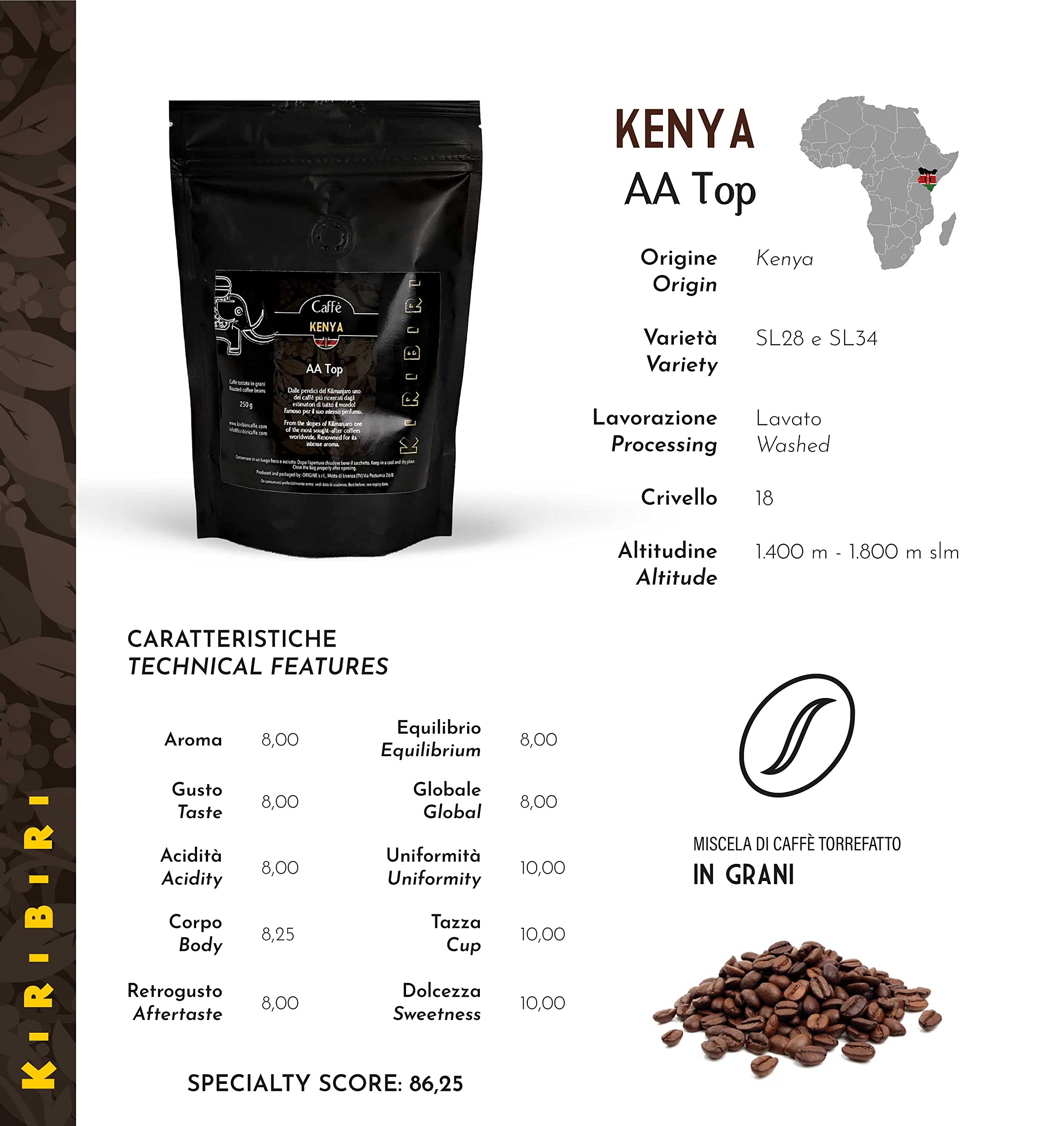 KIRIBIRI Café Especial de Origen 100% Arábica - Brasil, Guatemala, Honduras Orgánico, Kenia (4 x 250g Café en granos)