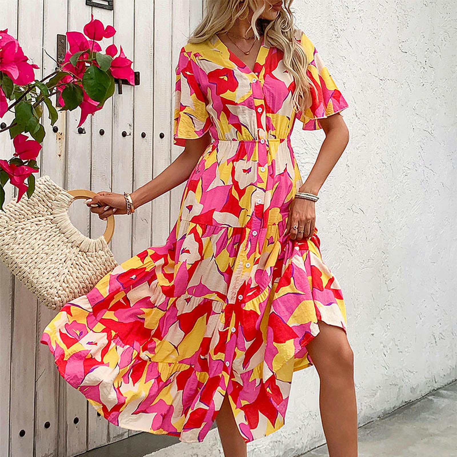 Vestido de manga corta con botones para mujer, con cinturón, casual, primavera, verano, playa, vestido de sol para mujer. YYEFNMAZ