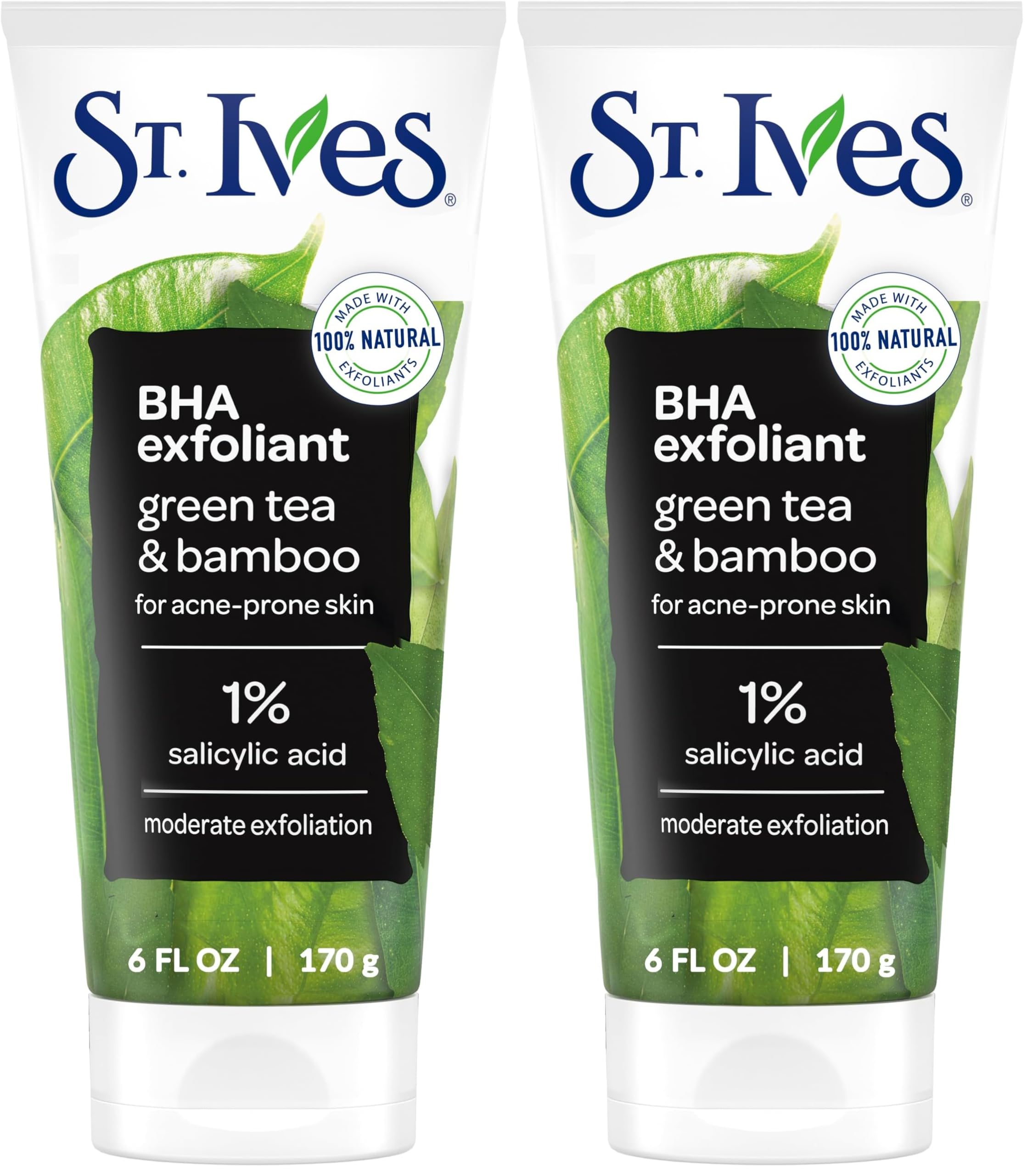 St. Ives Blackhead Clearing Face Scrub, Clears Blackheads & Unclogs Pores, Green Tea & Bamboo, Salicylic Acid Acne Treatment Facial Scrub, Moderate Exfoliator Skin Care with Natural Exfoliants 6 oz