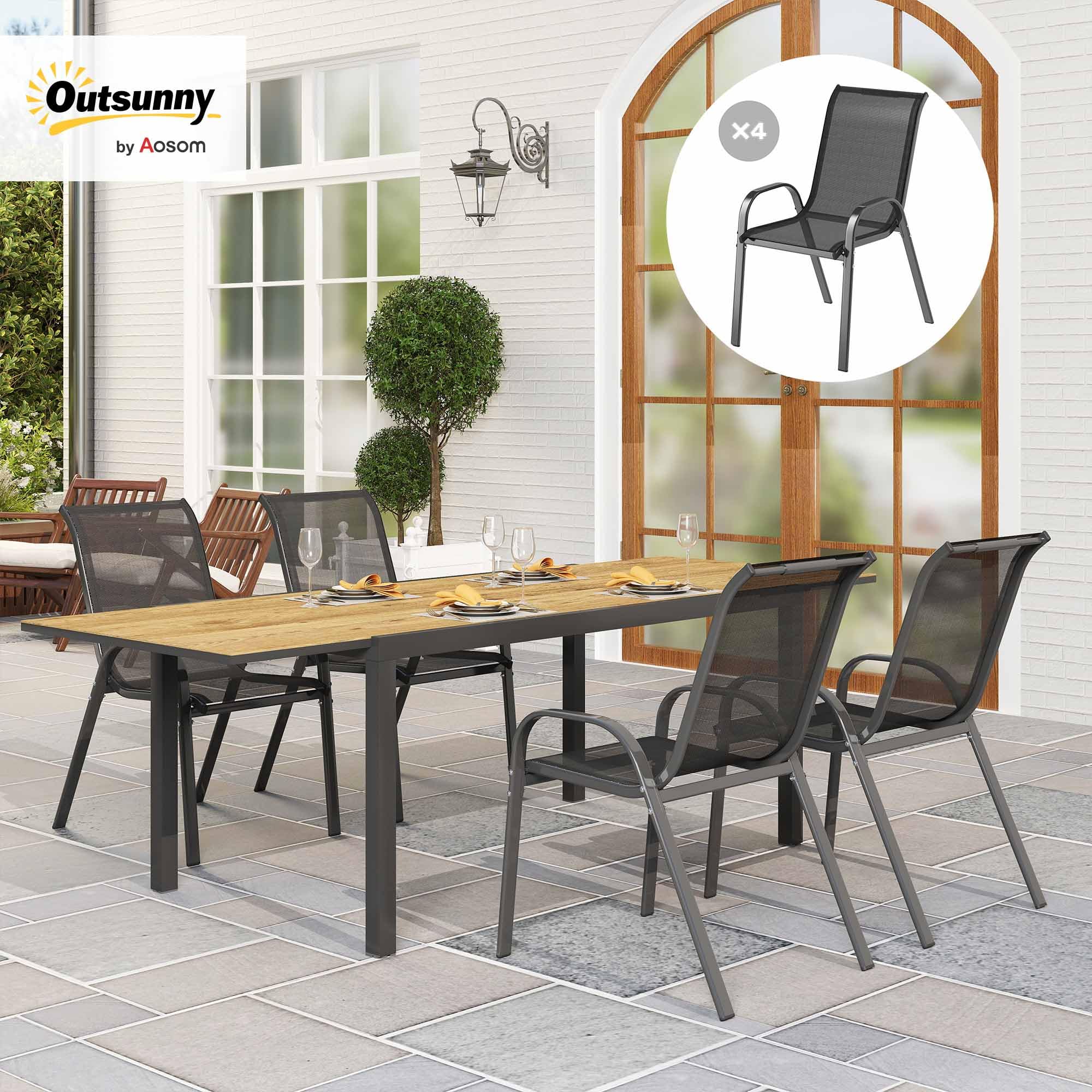 Outsunny Lot de 4 chaises de Jardin, chaises empilables, Dossier Haut incliné, Tissu en Maille Respirante, Cadre en Acier, Noir