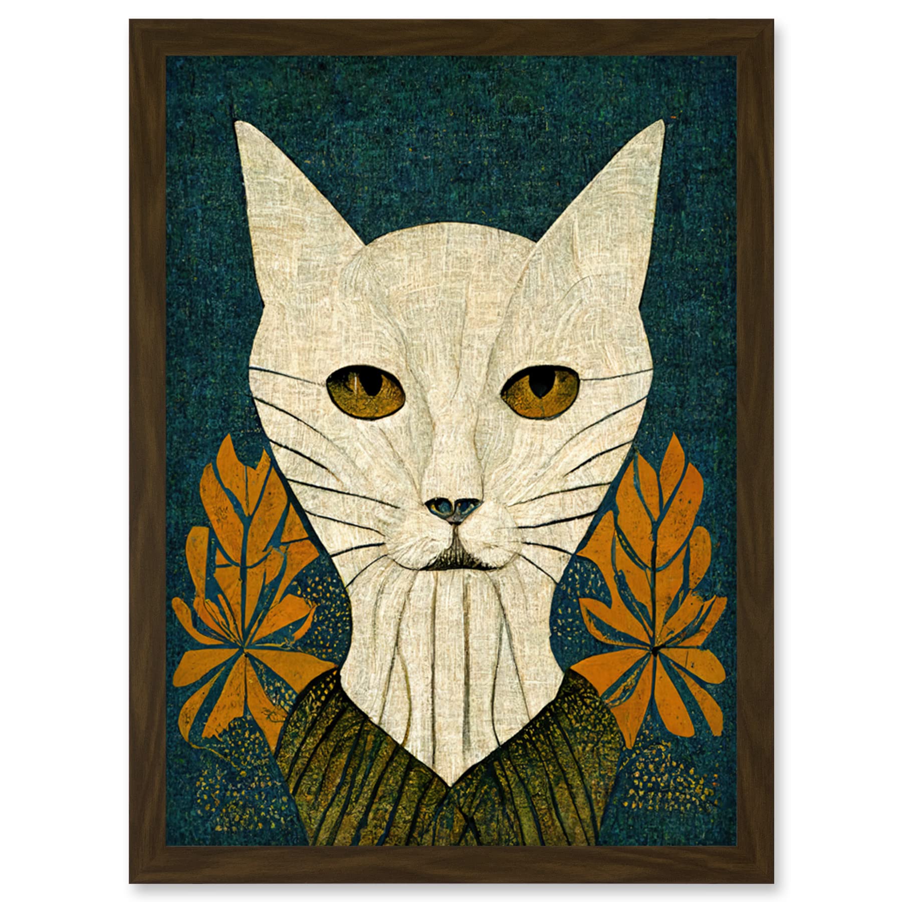 Doppelganger33 LTD Elegant Cat Illustration William Morris Style Teal Mustard Artwork Framed Wall Art Print A4