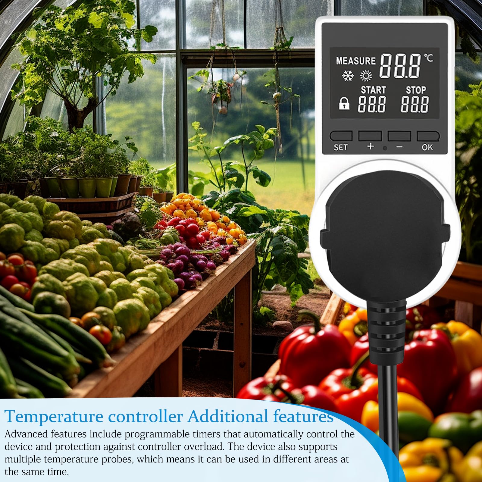 Temperaturregler 230v mit Fühler: Digitaler Steckdosen Thermostat mit LCD Bildschirm, Play und Plug Temperatur Feuchtigkeit Regler mit 2pc Thermometerkopf für Gewächshaus, Aquarium, Terrarium