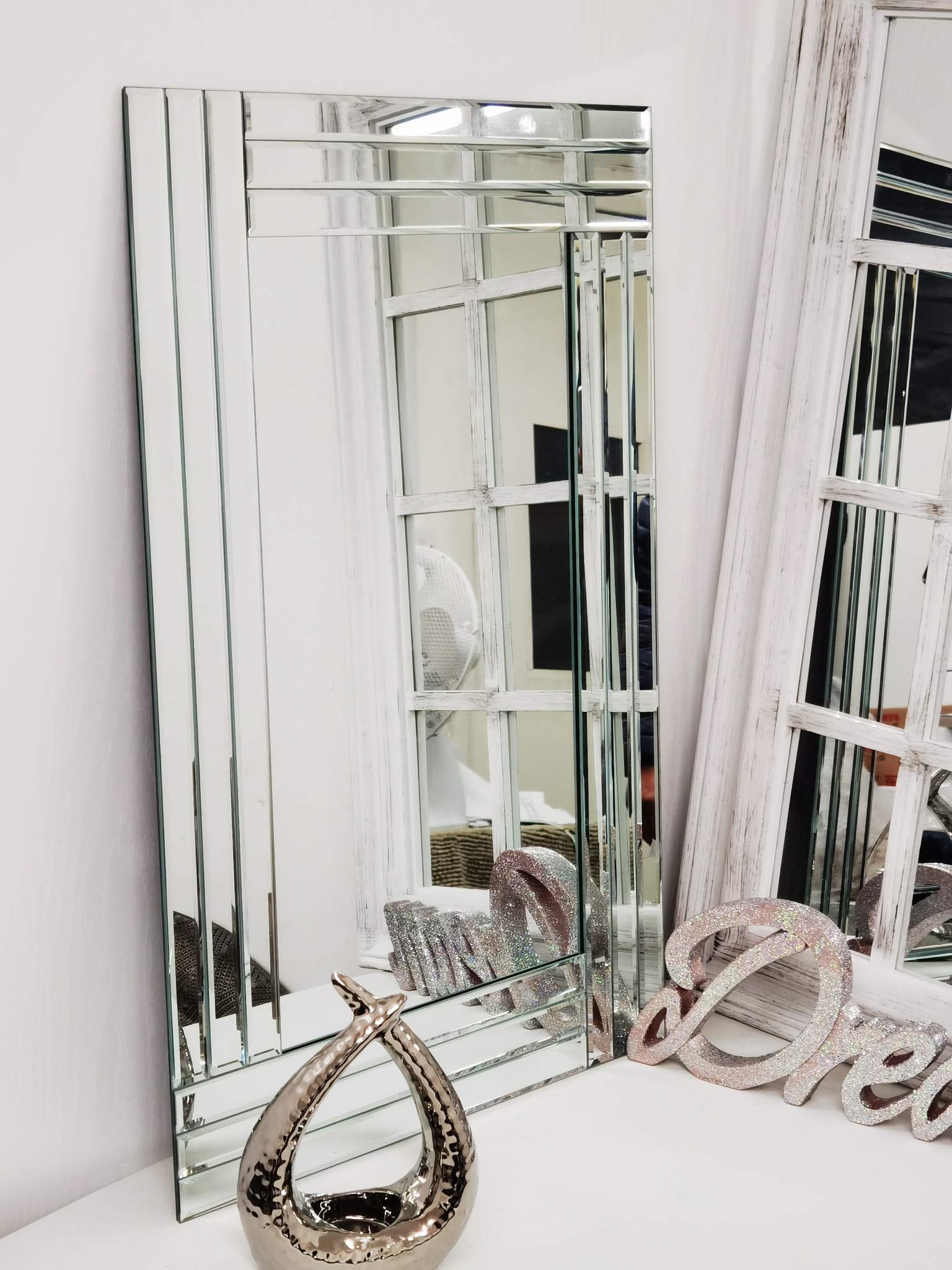 Biznest Large Wall Mirror Bevelled Triple Edge Mirror Strips Frameless Elegant 60x80cm