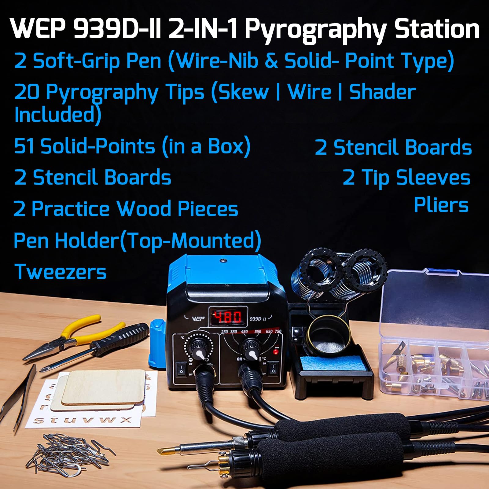 WEP 939D-II Kit pirografo per legno 2-in-1 86-in-1 con 51 punte, 23 a filo, 2 penne, stencil, legno grezzo. Pirografo professionale, kit di pirografo per legno, ideale per fare le penne (Spina UE)