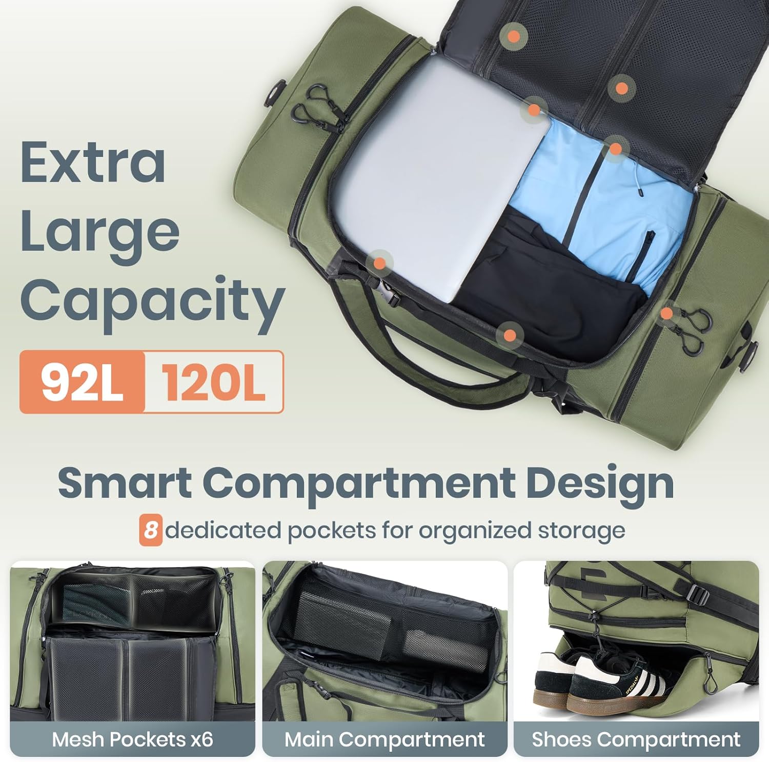 Fanwoli 92L 120L Large Rolling Duffle Bag with Shoes Compartment, 30’’ Expandable & Foldable Heavy Duty Water Resistant Travel Backpack, Convertible Foldable Duffel for Gym Camping Weekender - Image 3