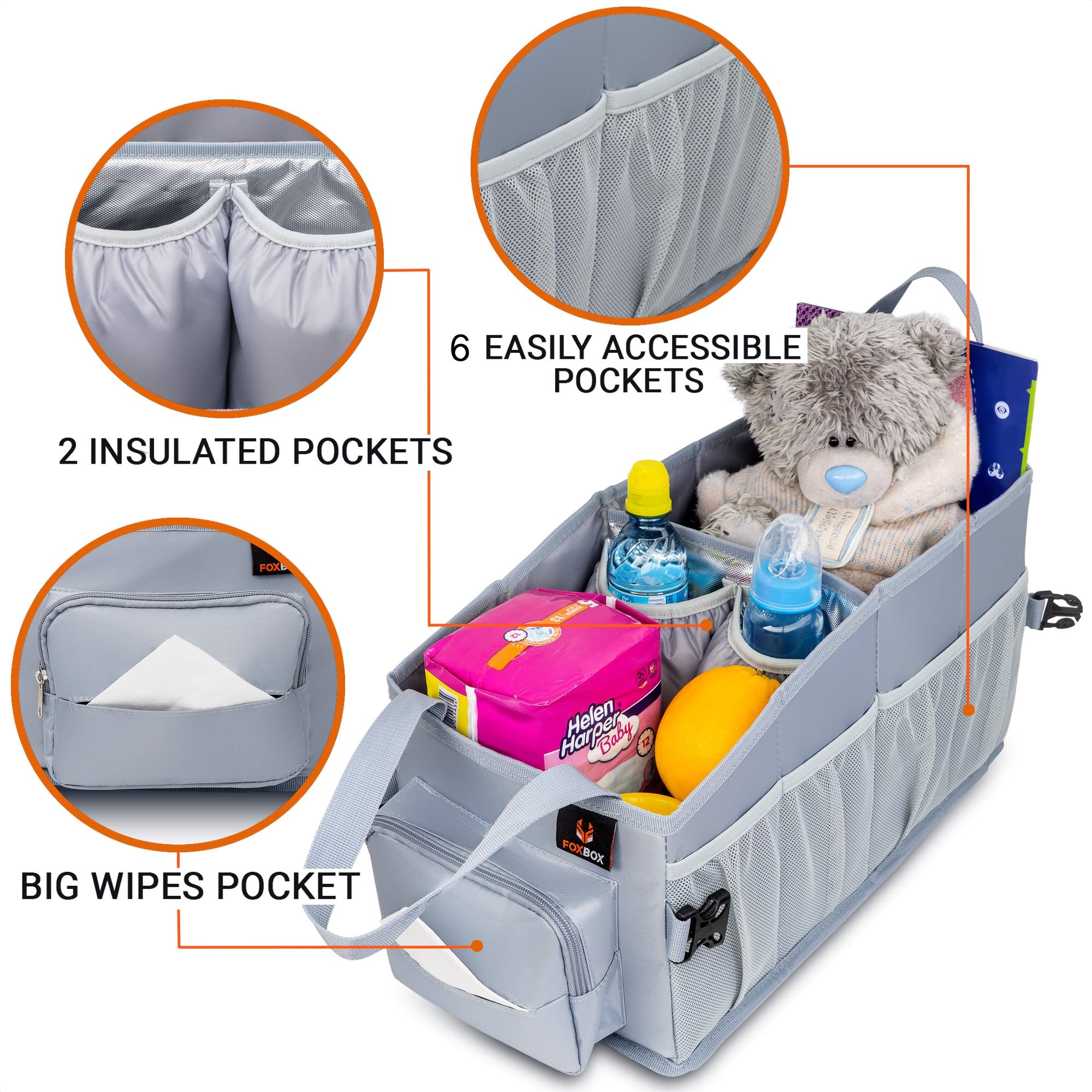 FoxBox Organizador de coche para asiento delantero con caja de pañuelos y portavasos, organizador de asiento trasero entre asientos | Organizador de piso para asiento de pasajero debajo del asiento