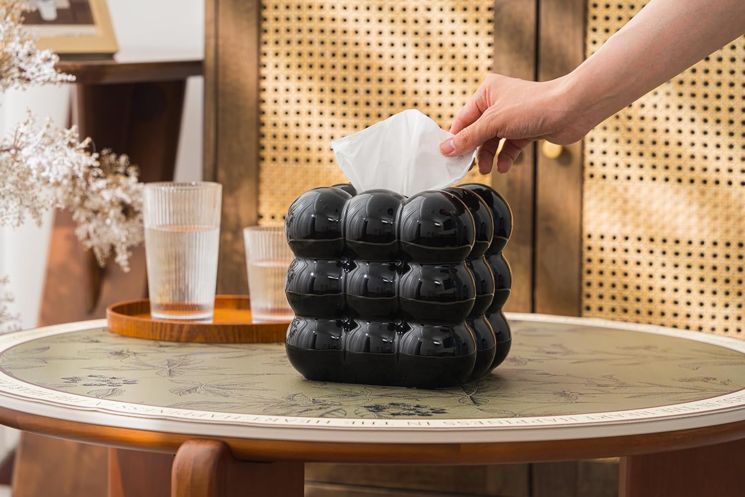 Ukwell Ceramic Tissue Box Cover Heavy Square Facial Tissue Holder Glossy Black Bubble Design Modern Decor Piece for Bathroom Bedroom Living Room