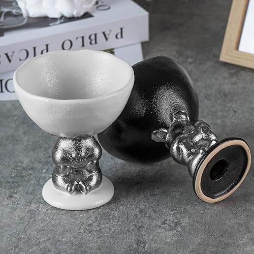 Miniatura 7 de Portavelas de cerámica con base de figura de conejo plateado, soporte de pedestal festoneado negro mate para velas de pilar, diseño inspirado en